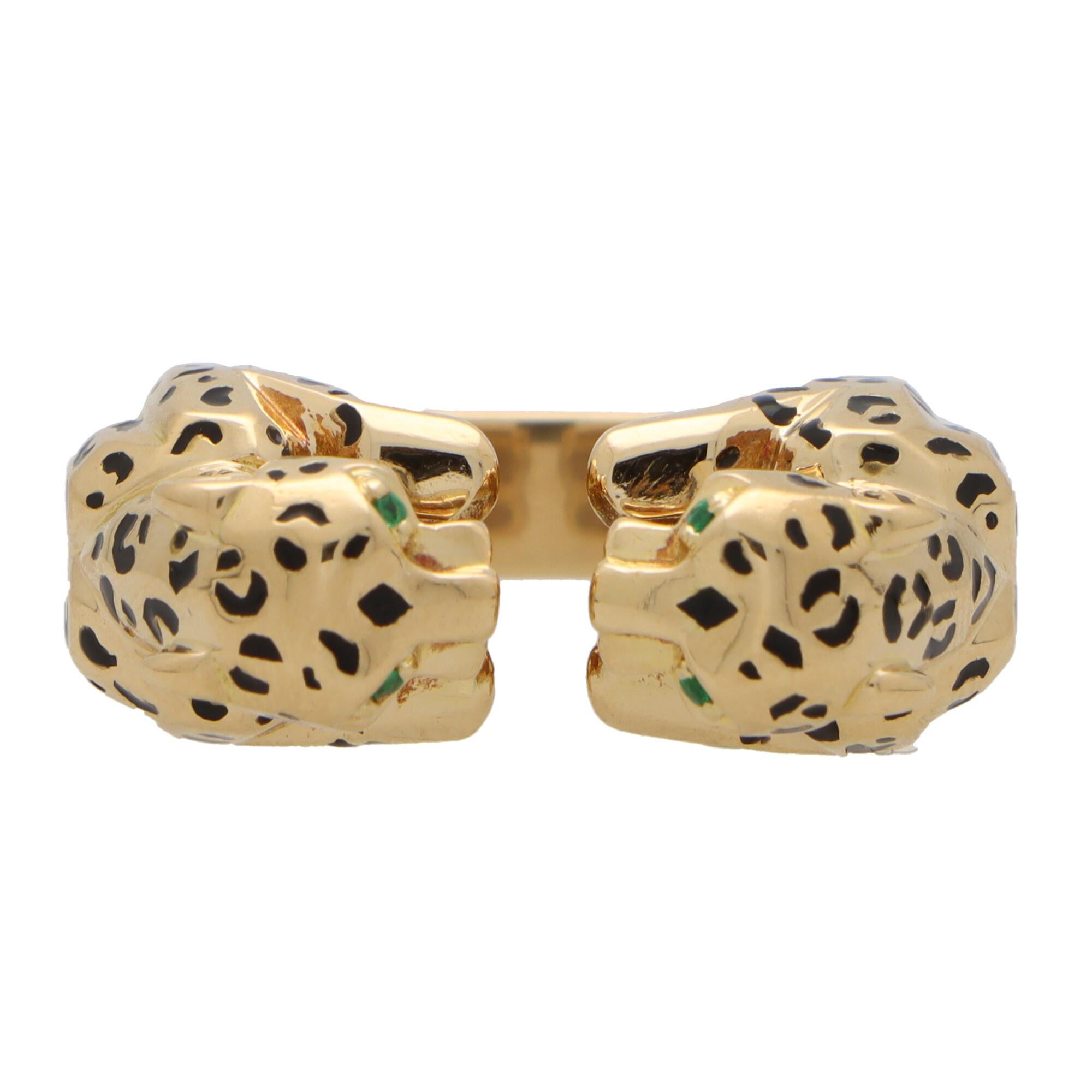 Retro Vintage Cartier Emerald and Enamel Double Panther Head Ring in 18k Yellow Gold