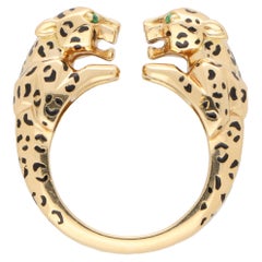 Vintage Cartier Emerald and Enamel Double Panther Head Ring in 18k Yellow Gold