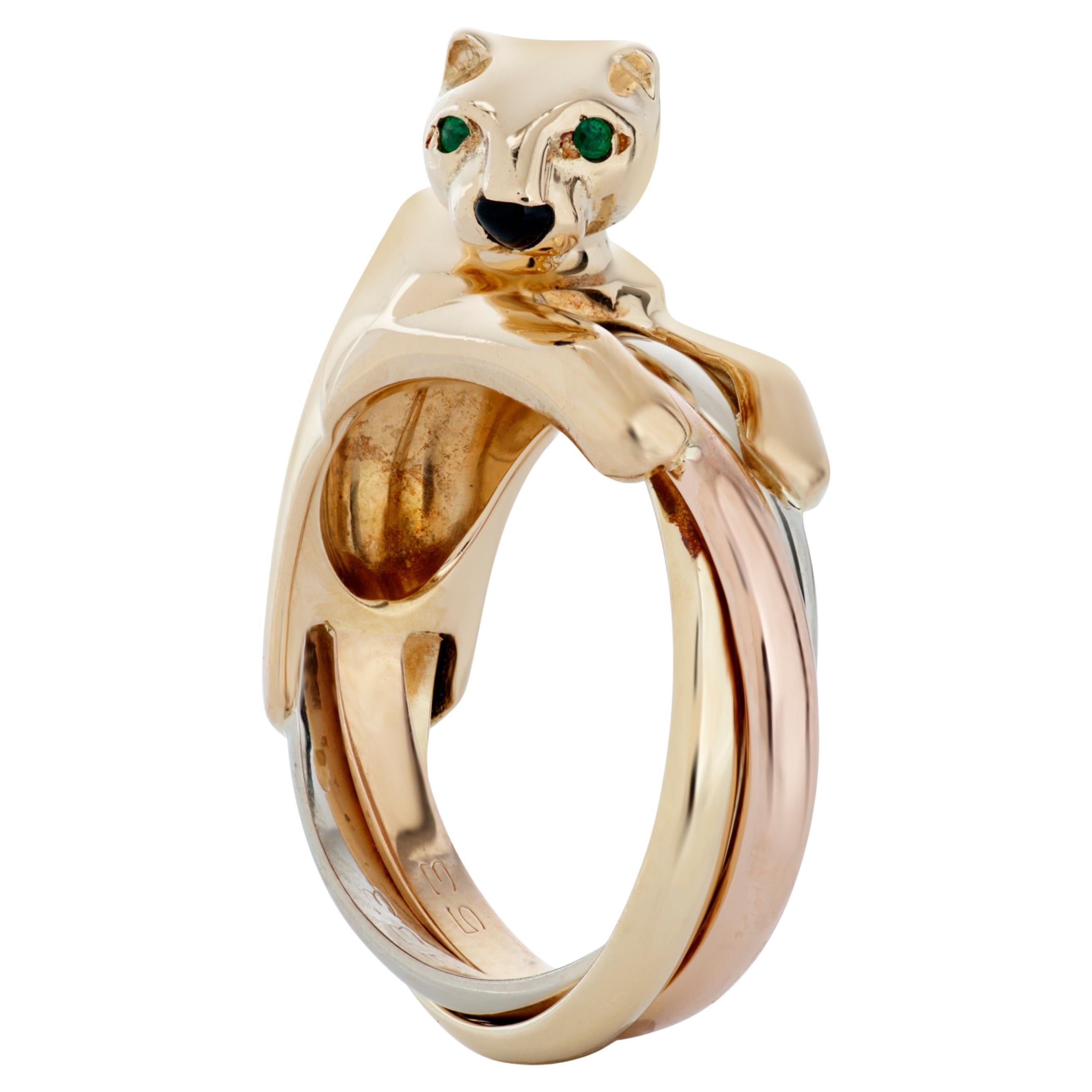 Vintage Cartier Emerald and Onyx Panther Trinity Ring in 18K Yellow Gold For Sale