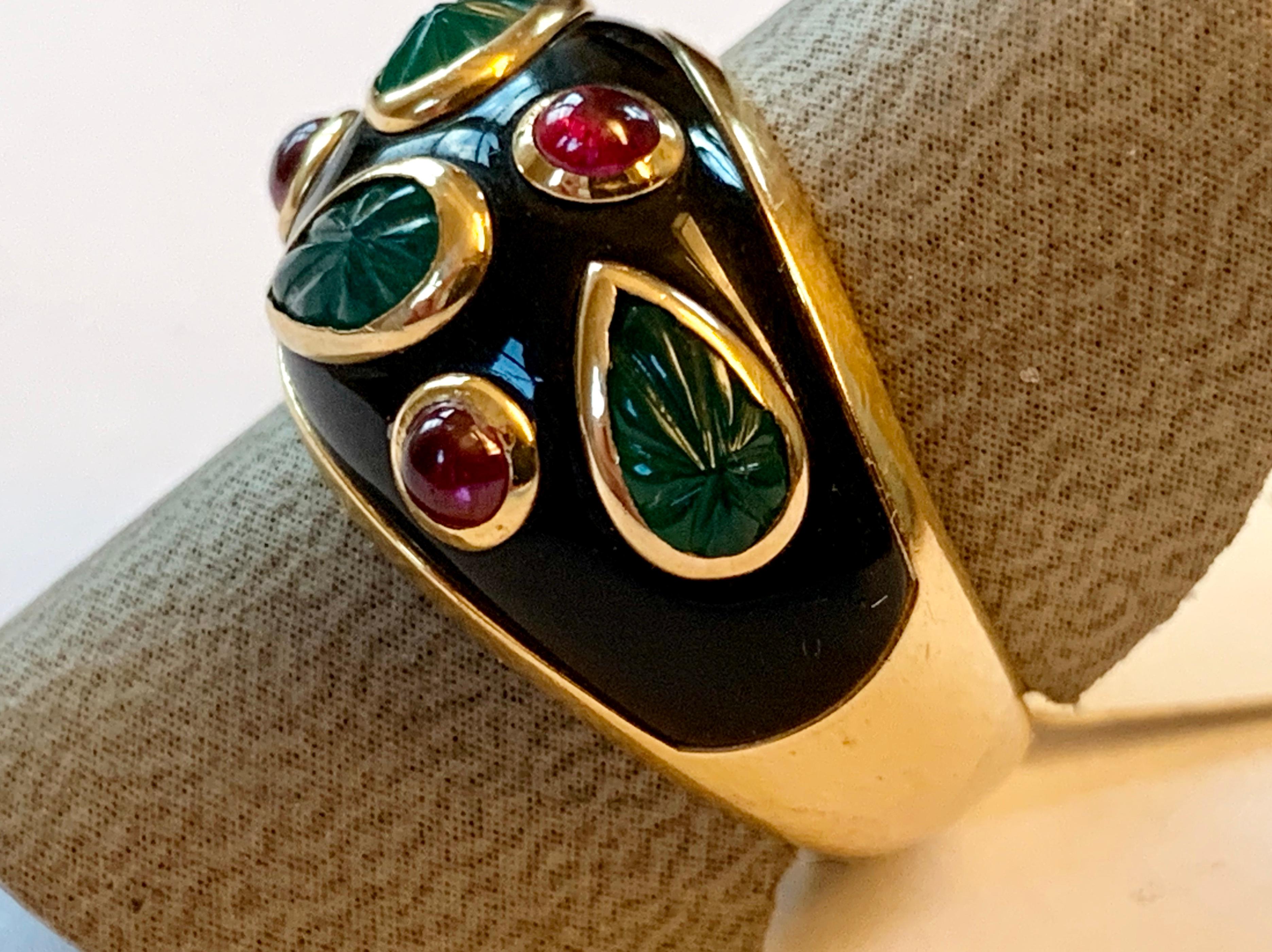 Women's or Men's Vintage Cartier Emerald and Ruby Lacquer 18 Karat Gold Ring, circa 1991