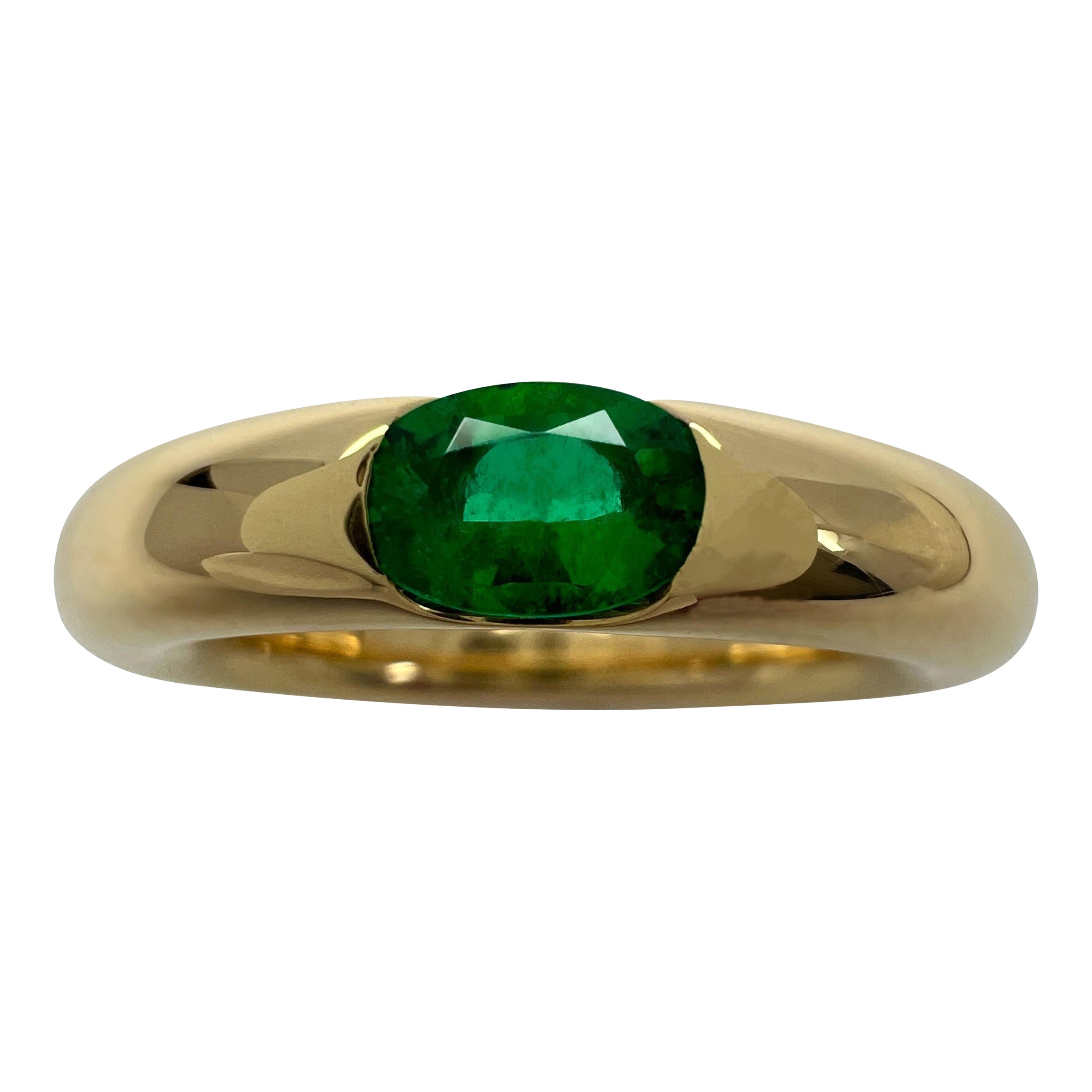 Anillo Solitario Vintage Cartier Esmeralda Elipse Verde Vivo Oro Amarillo 18k 52