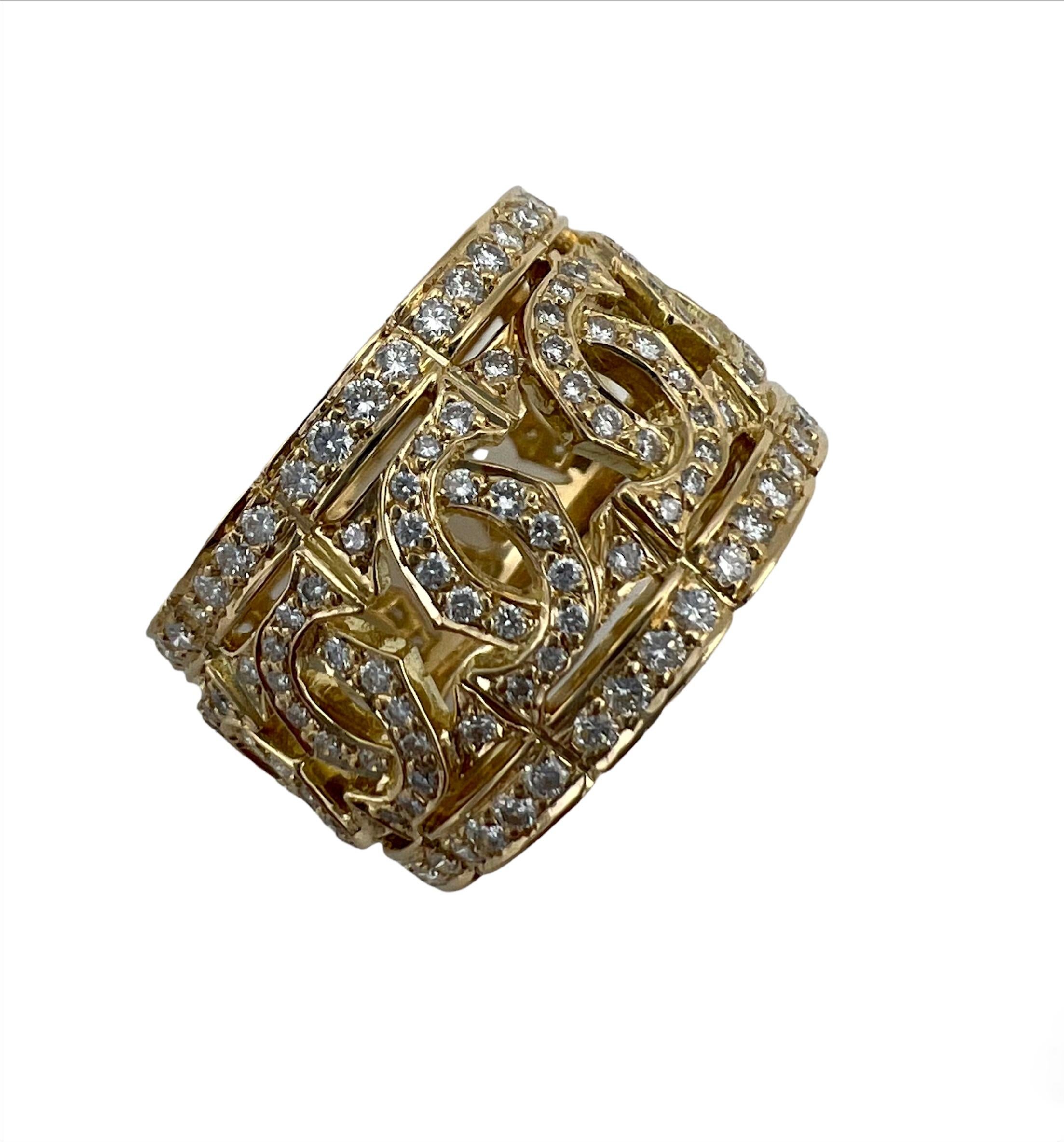 Round Cut Vintage Cartier Entrelaces Diamond and 18K Gold Wide Band Ring