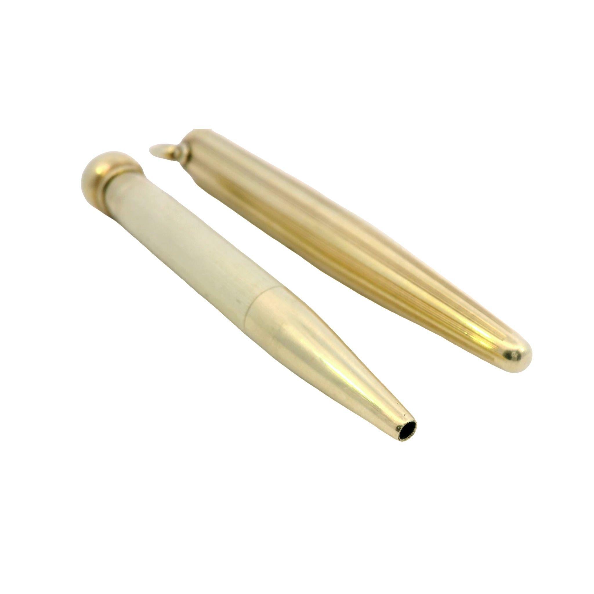 Vintage Cartier Pencil Pendant in 14K Yellow Gold Extendable and Working

Imagine carrying a little bit of luxury wherever you go with this Cartier Pencil pendant necklace. Made from shiny 14k yellow gold, it’s not just jewelry, it’s a real, working