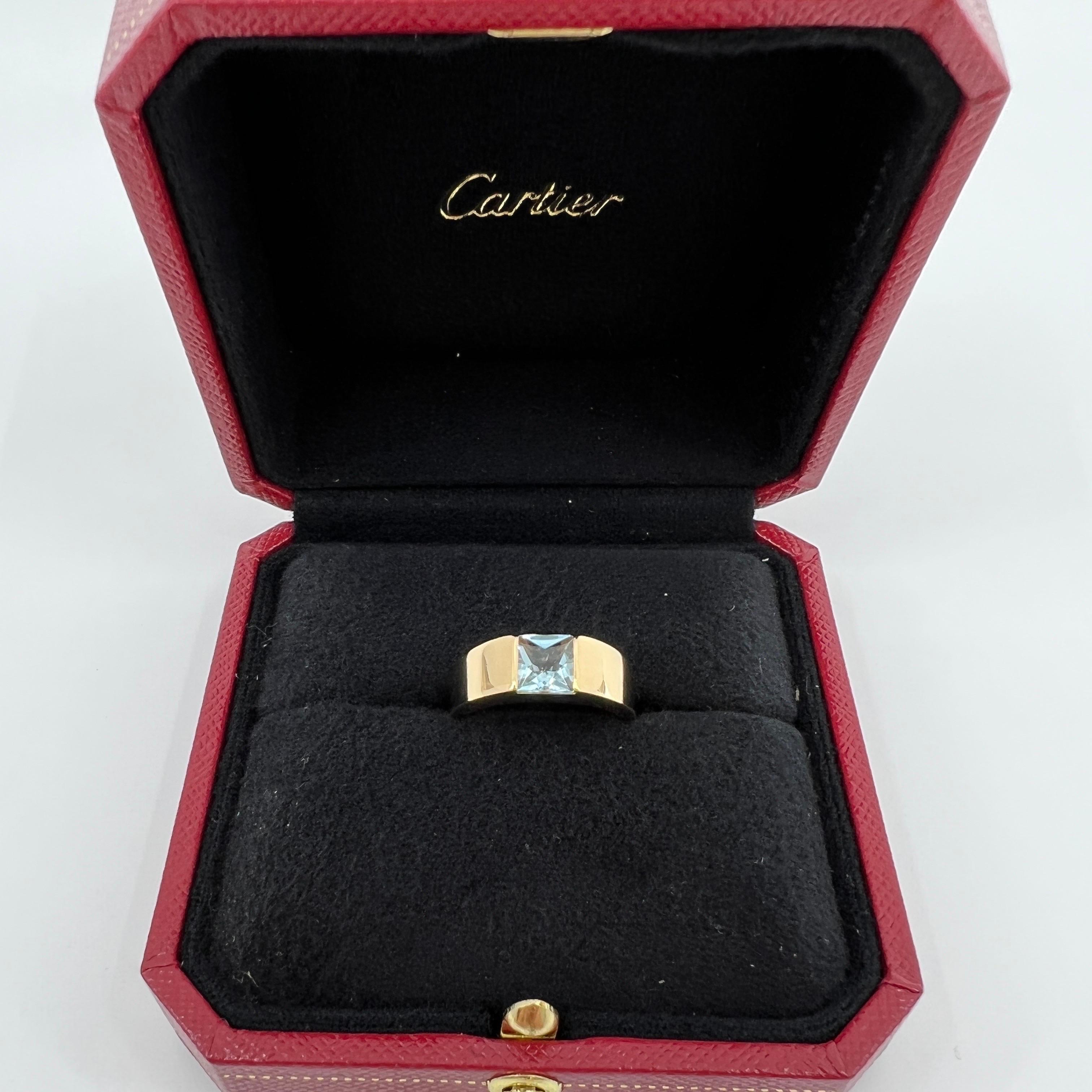 Vintage Cartier Fine Blue Aquamarine Square Cushion 18k Yellow Gold Tank Ring 3