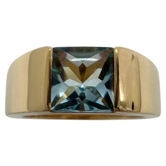 Vintage Cartier Fine Blue Aquamarine Square Cushion 18k Yellow Gold Tank Ring