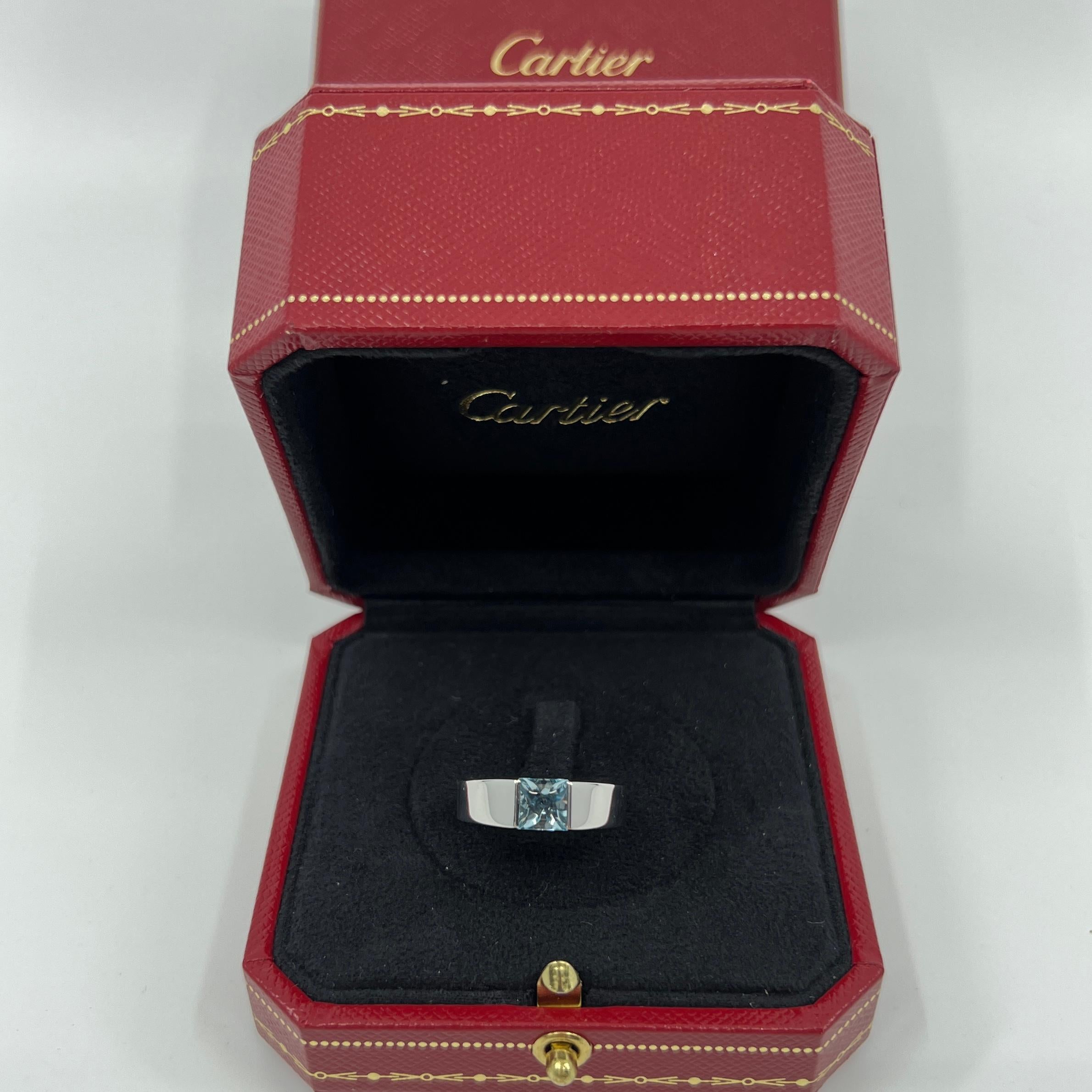 Vintage Cartier Fine Blue Aquamarine Square Cushion Cut 18k White Gold Tank Ring 3