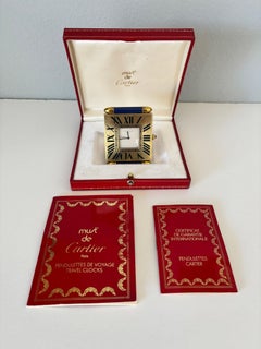 Vintage Cartier Folding Travel Desk Clock Paris Gilt-Brass and Blue Enamel 1990