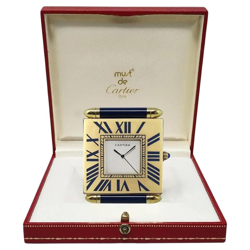 Vintage Cartier Horloge de bureau pliante de voyage Paris laiton doré et émail bleu 1990