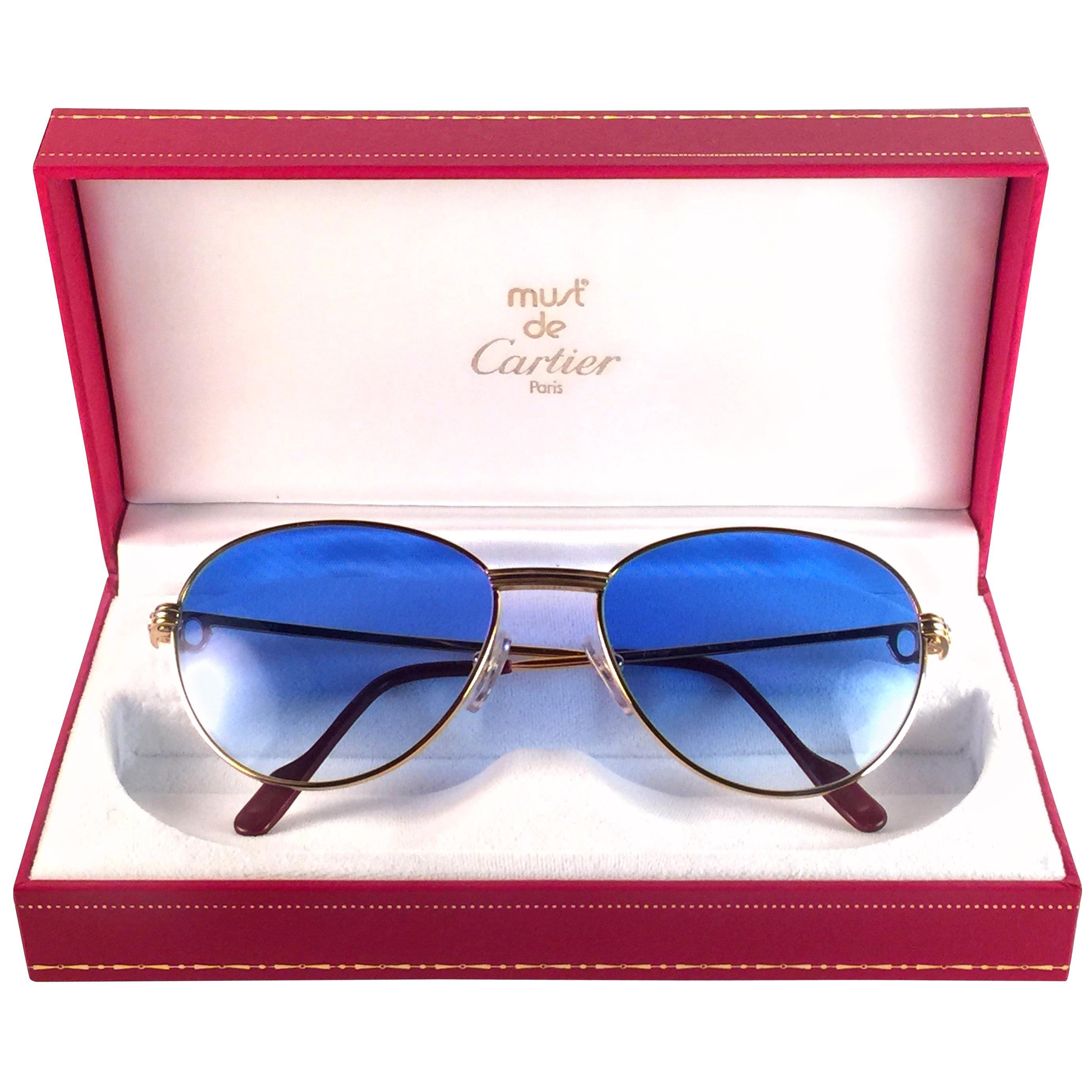 Vintage Cartier France Louis Vintage Heavy Gold Plated Diamonds 57mm Sunglasses