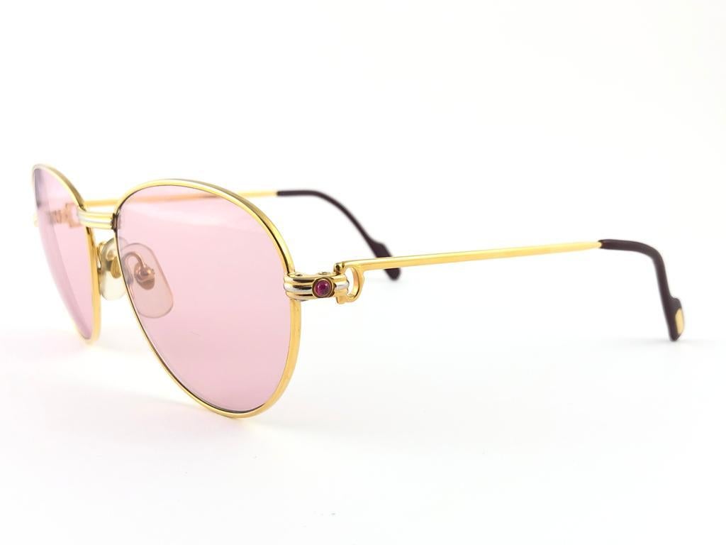 Women's or Men's Vintage Cartier France Louis Vintage Heavy Gold Plated Rubies 55mm Sunglasses 
