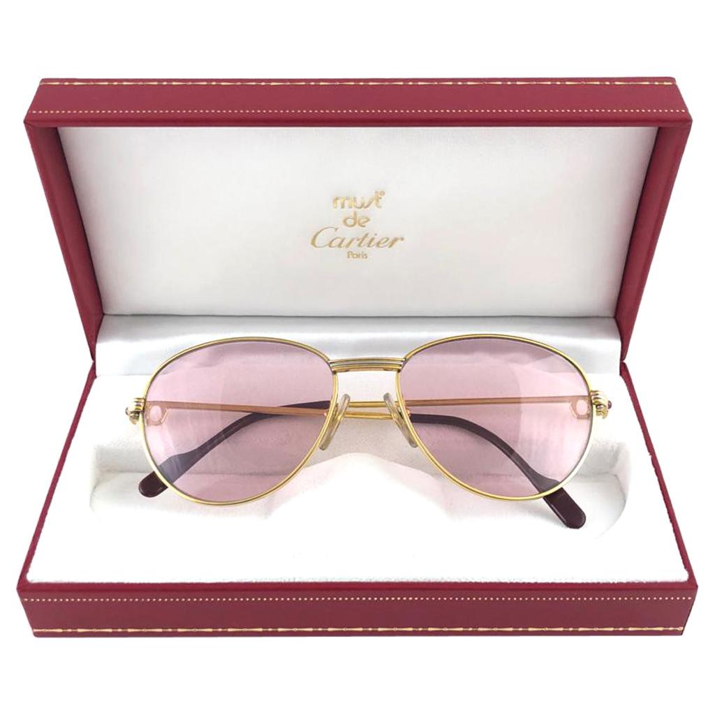 Vintage Cartier France Louis Vintage Heavy Gold Plated Rubies 55mm Sunglasses 