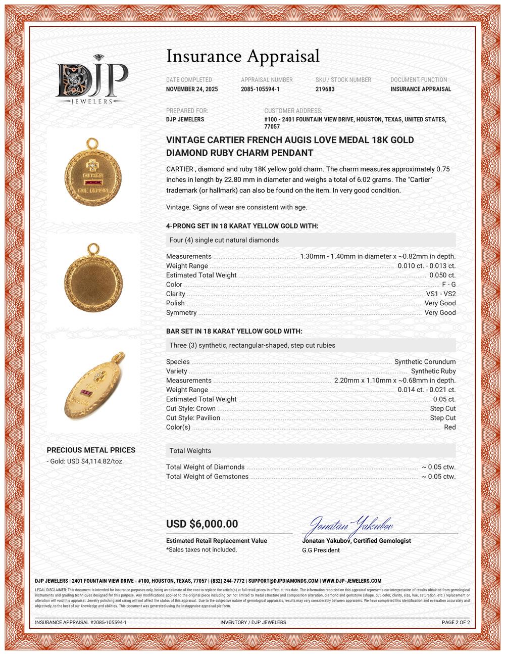 Vintage Cartier Französisch Augis Love Medal 18K Gold Diamond Ruby Charme Anhänger 2