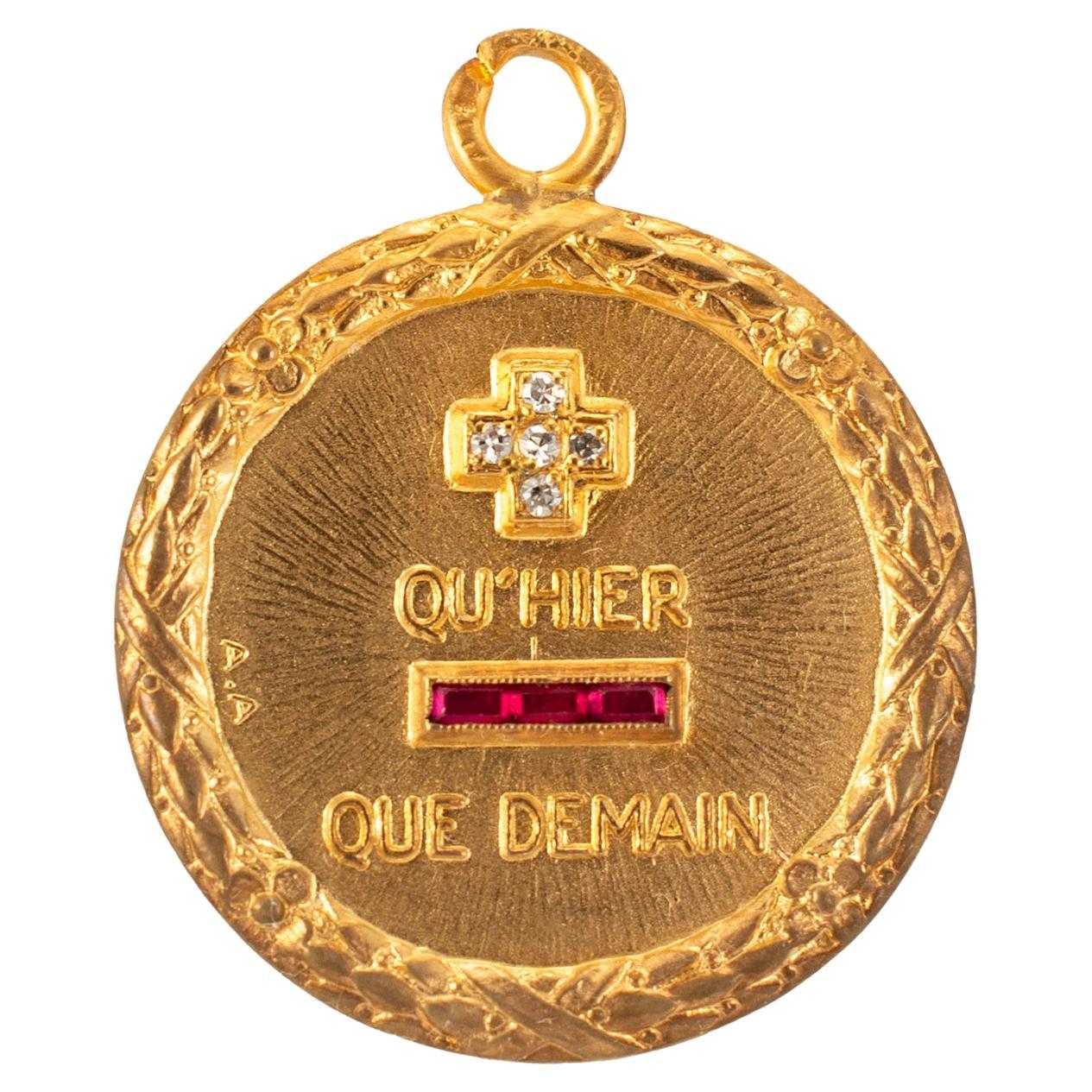 Vintage Cartier French Augis Love Medal 18K Gold Diamond Ruby Charm Pendant
