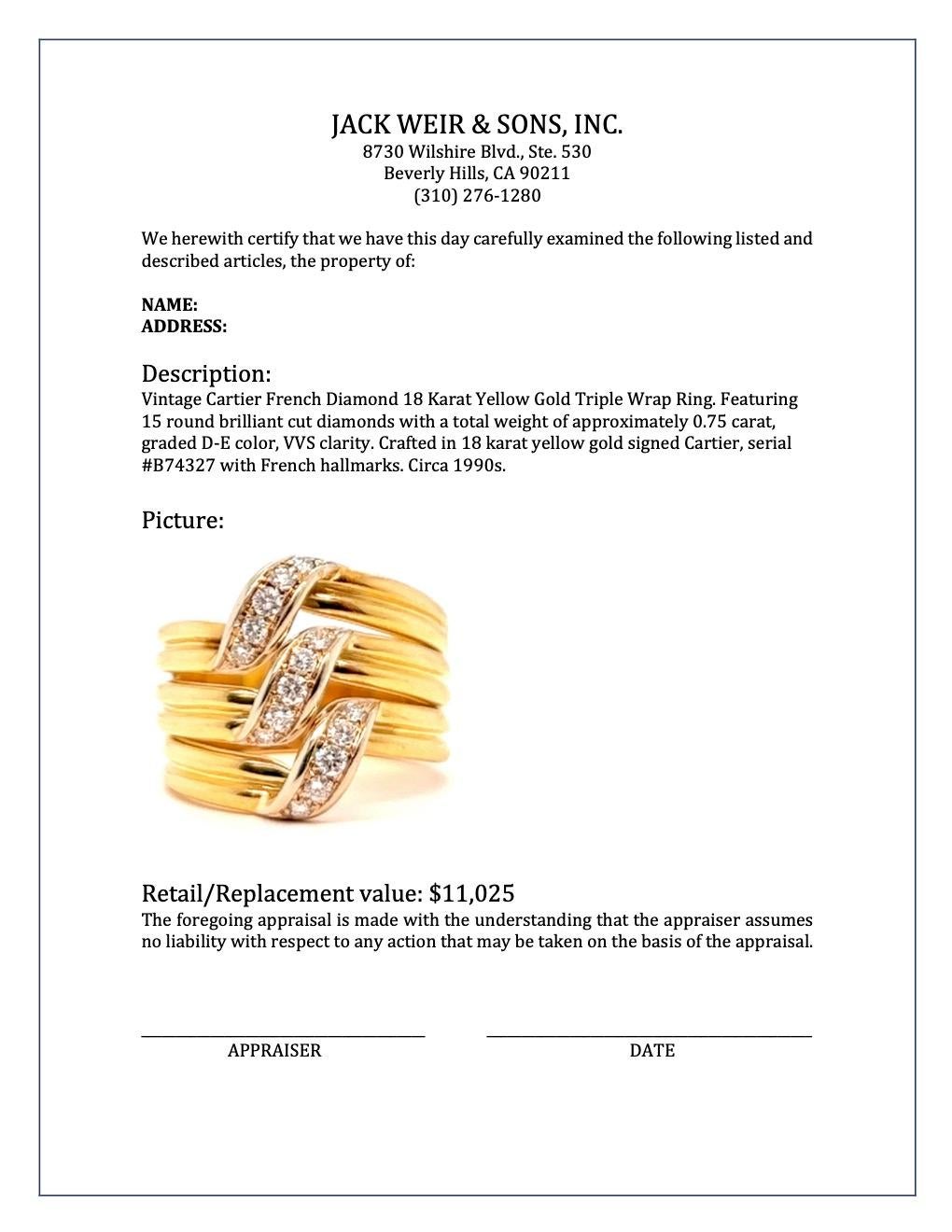 Women's or Men's Vintage Cartier French Diamond 18 Karat Yellow Gold Triple Wrap Ring