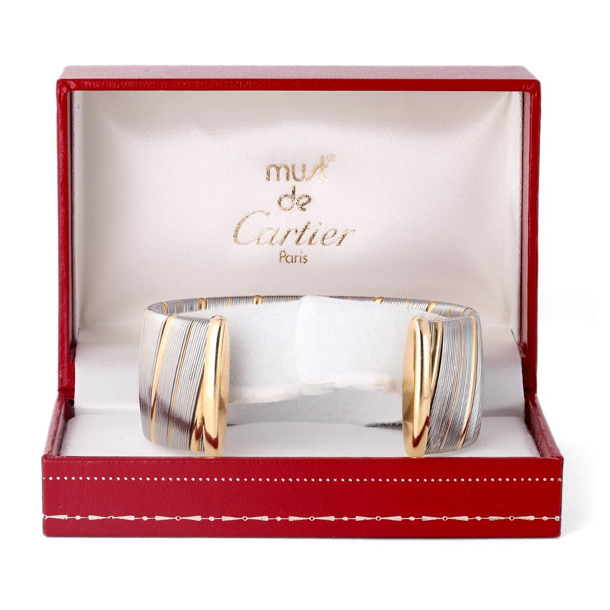 Vintage Cartier French Stainless Steel and 18 Karat Yellow Gold Cuff Bracelet In Good Condition In Beverly Hills, CA