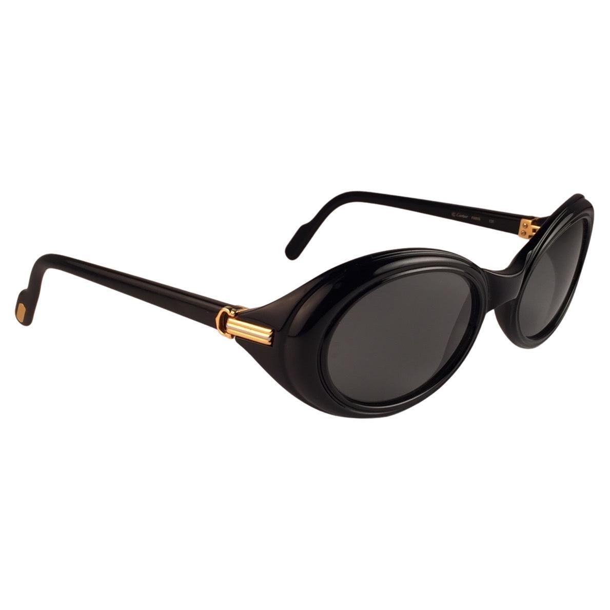 Vintage Cartier Frisson Black Medium Sunglasses 18k Gold France 1991 en vente