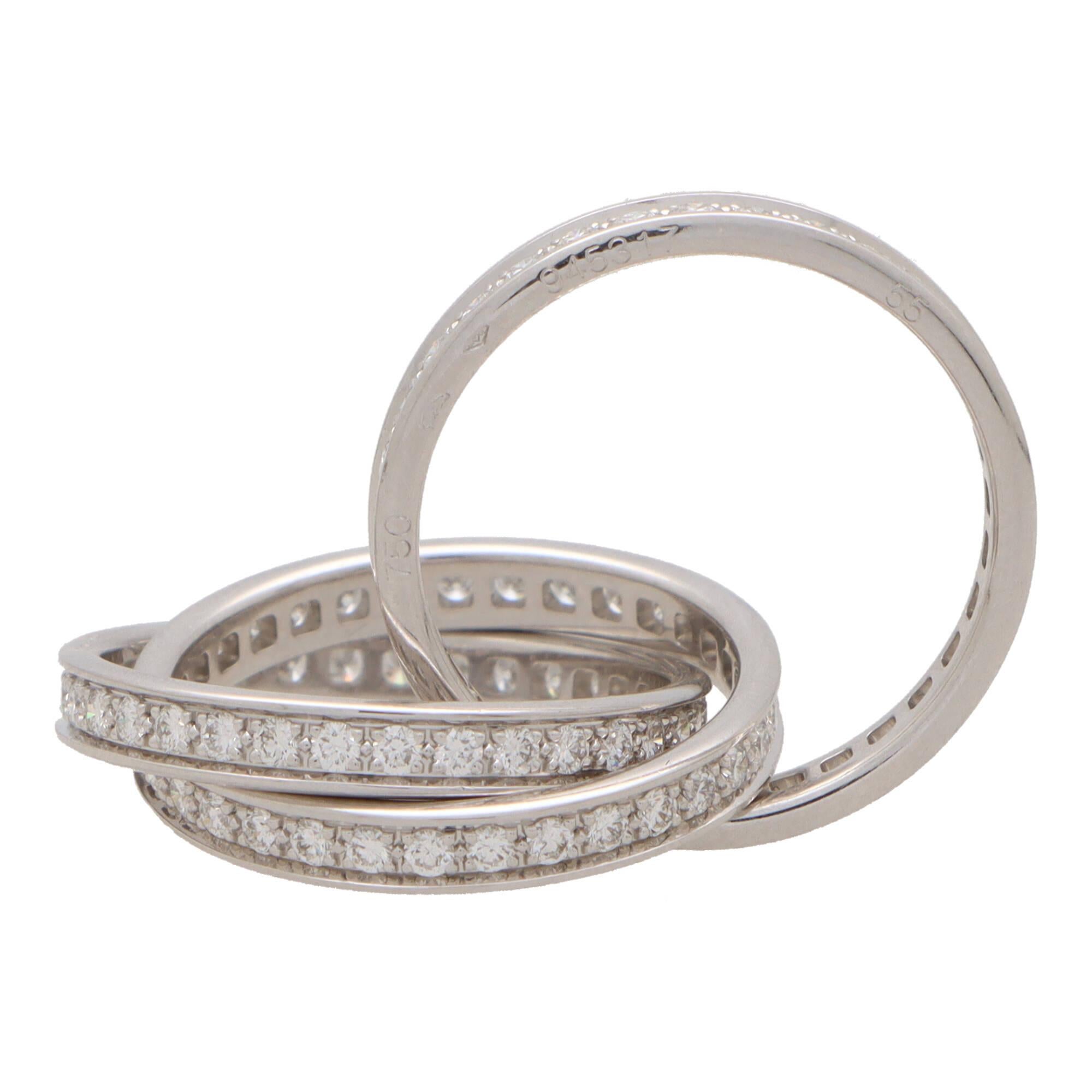 Round Cut Vintage Cartier Full Diamond Trinity Ring in 18k White Gold For Sale