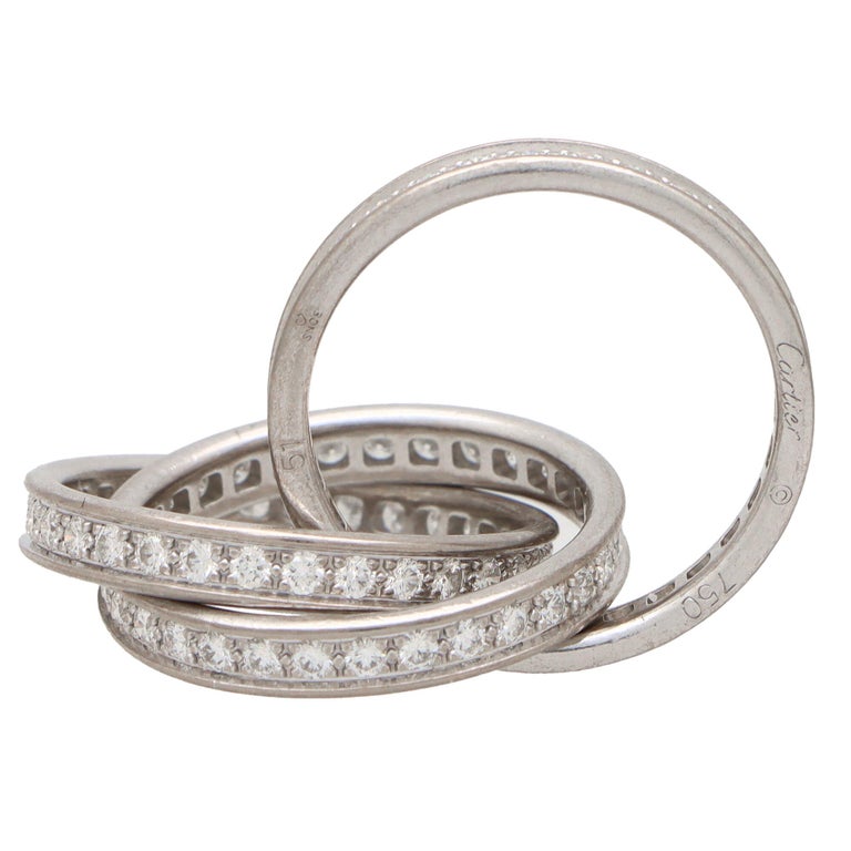 Women's or Men's Vintage Cartier Full Diamond Trinity Ring in 18k White Gold