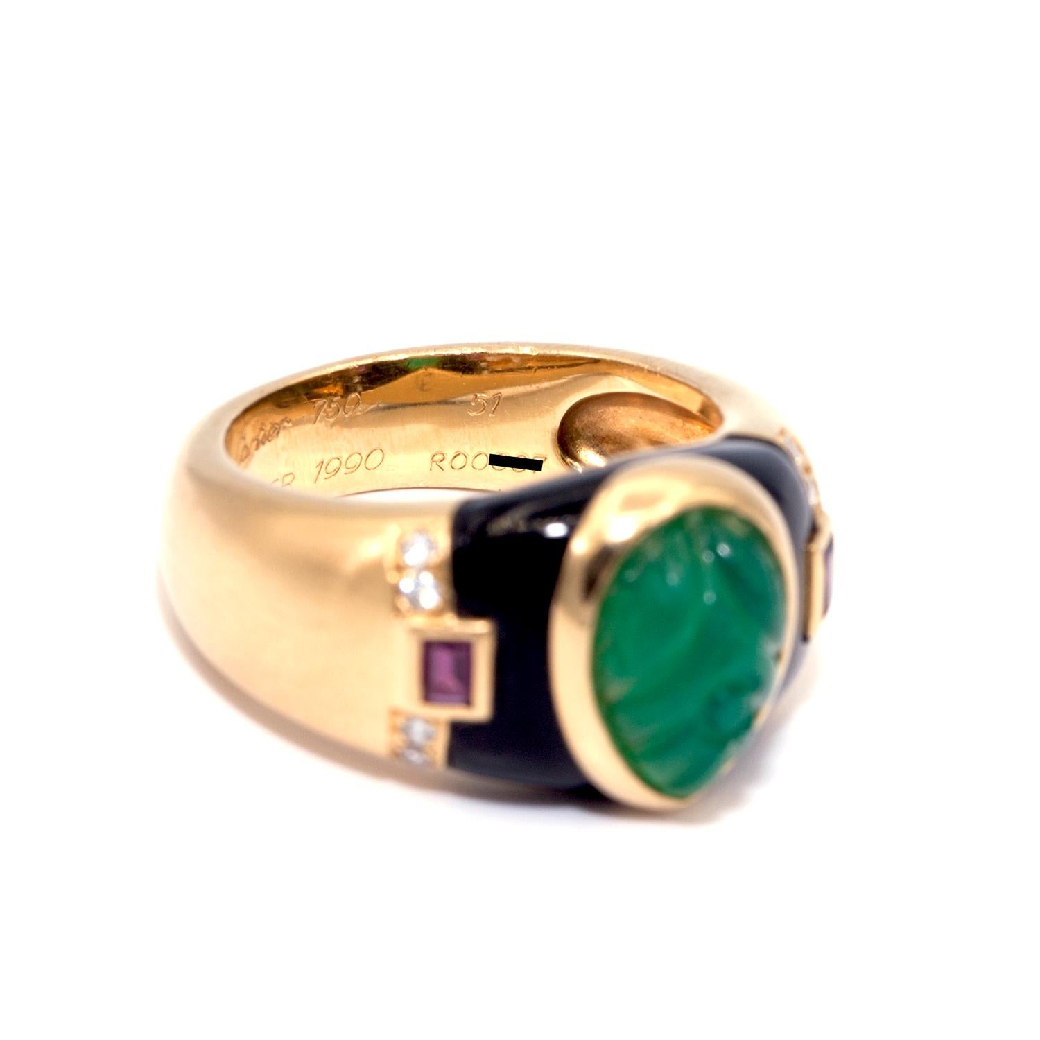 Art Deco Vintage Cartier Gaia Emerald, Ruby and Diamond Ring For Sale