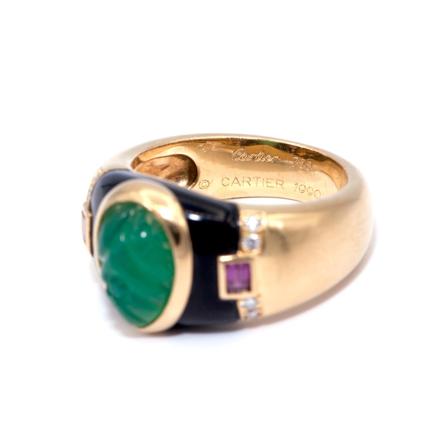 Vintage Cartier Gaia Emerald, Ruby and Diamond Ring In Excellent Condition For Sale In Los Angeles, CA