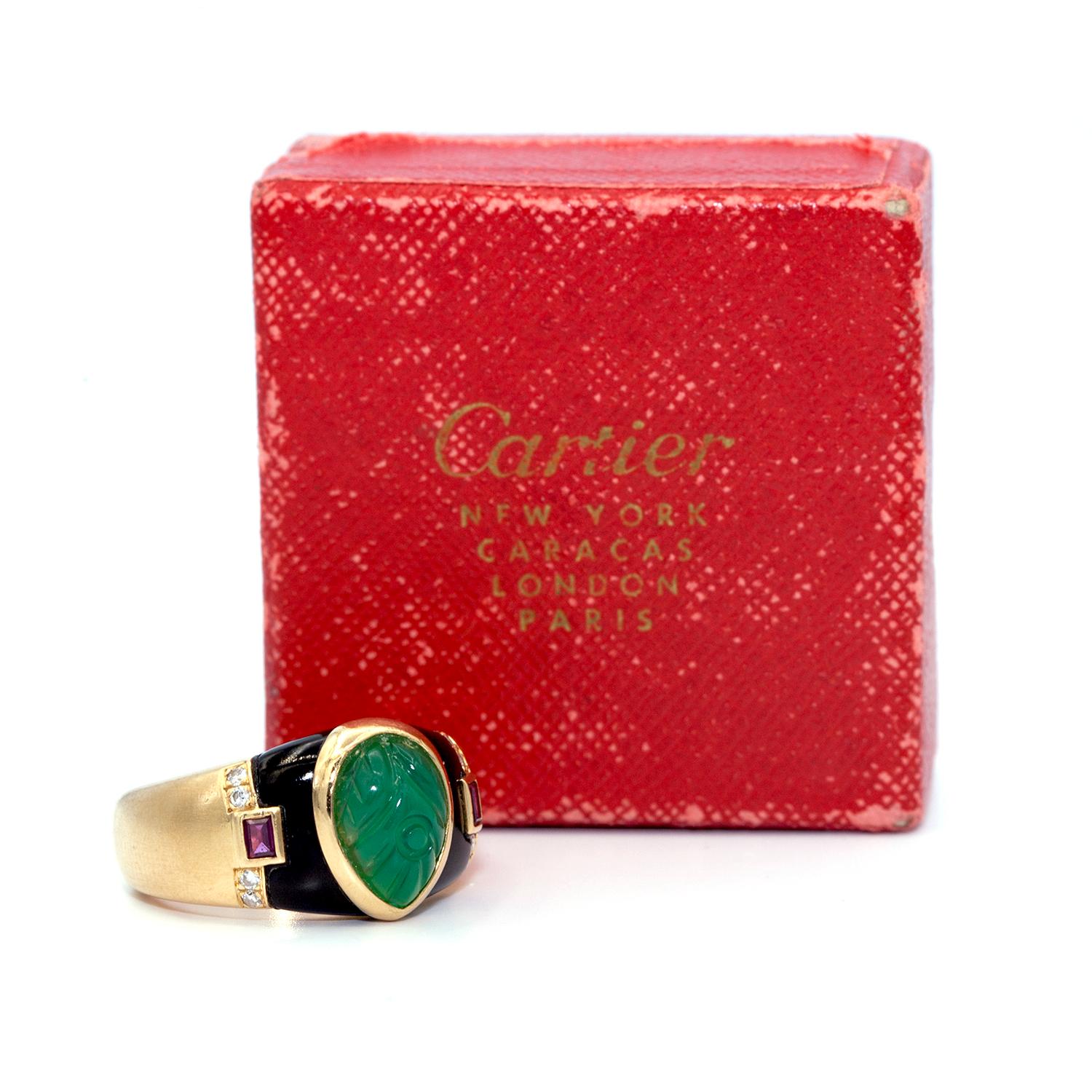 Women's or Men's Vintage Cartier Gaia Emerald, Ruby and Diamond Ring For Sale