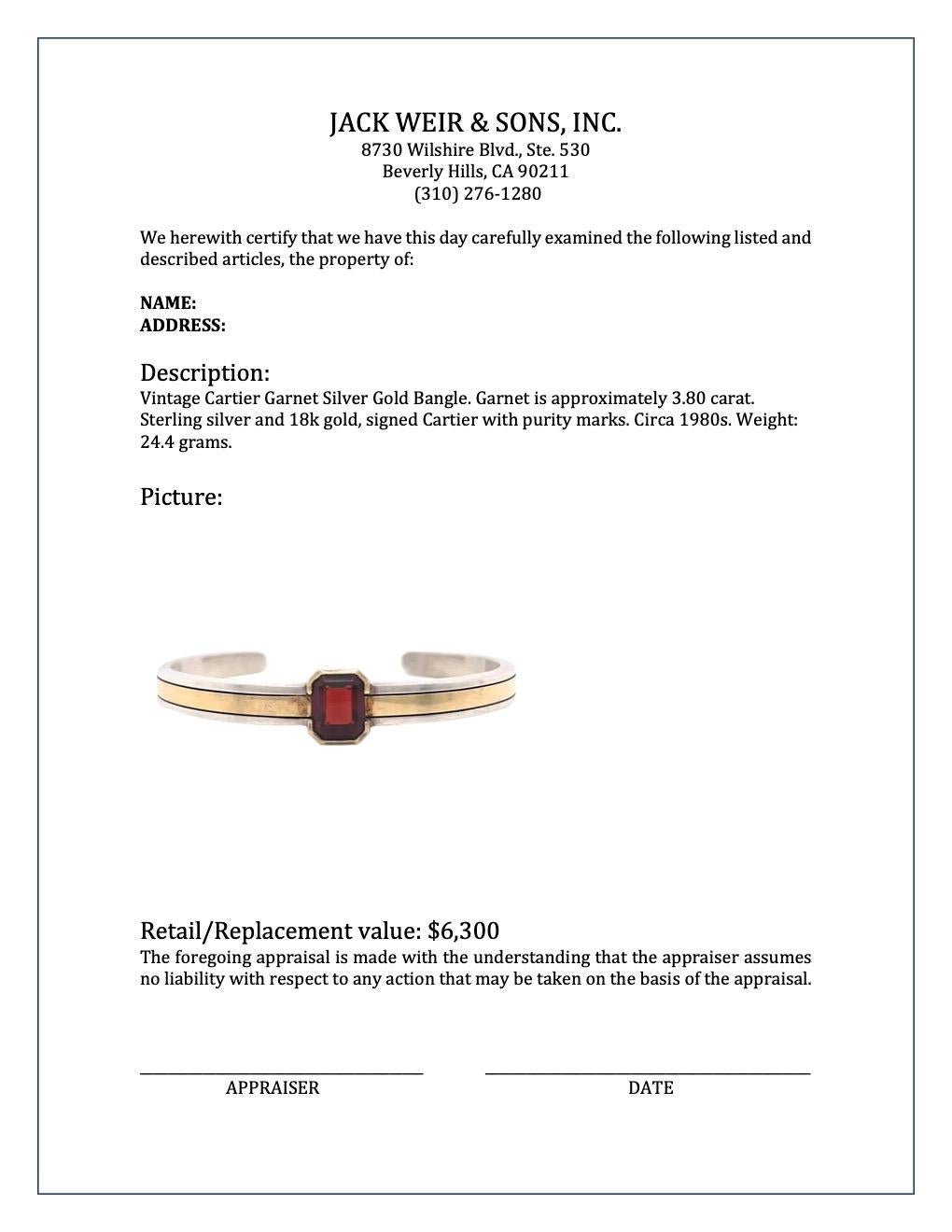 Emerald Cut Vintage Cartier Garnet Silver Gold Bangle Bracelet