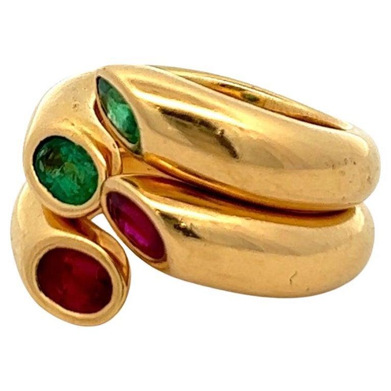 Vintage Cartier Gemstone 18k Yellow Gold Ellipse Deux Tetes Croisees Bypass Ring In Good Condition In Beverly Hills, CA