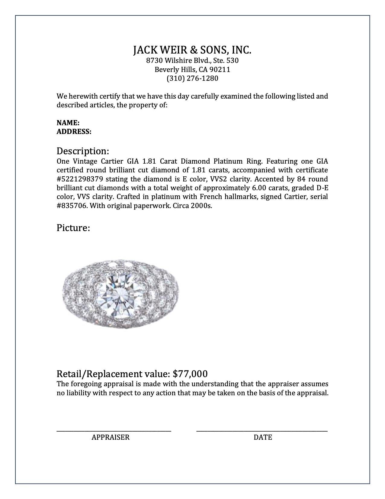 Vintage Cartier GIA 1.81 Carat Diamond Platinum Ring 3