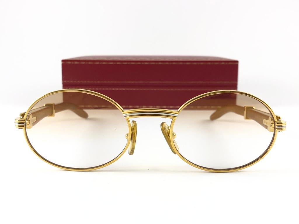 Vintage Cartier Giverny Gold and Wood Large 51/20 Gradient Brown Lens Sunglasses For Sale 2