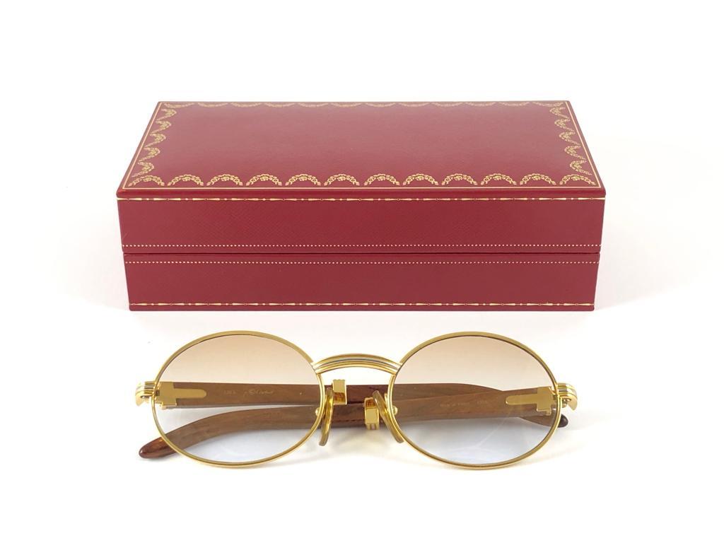 Vintage Cartier Giverny Gold and Wood Large 51/20 Gradient Brown Lens Sunglasses For Sale 4