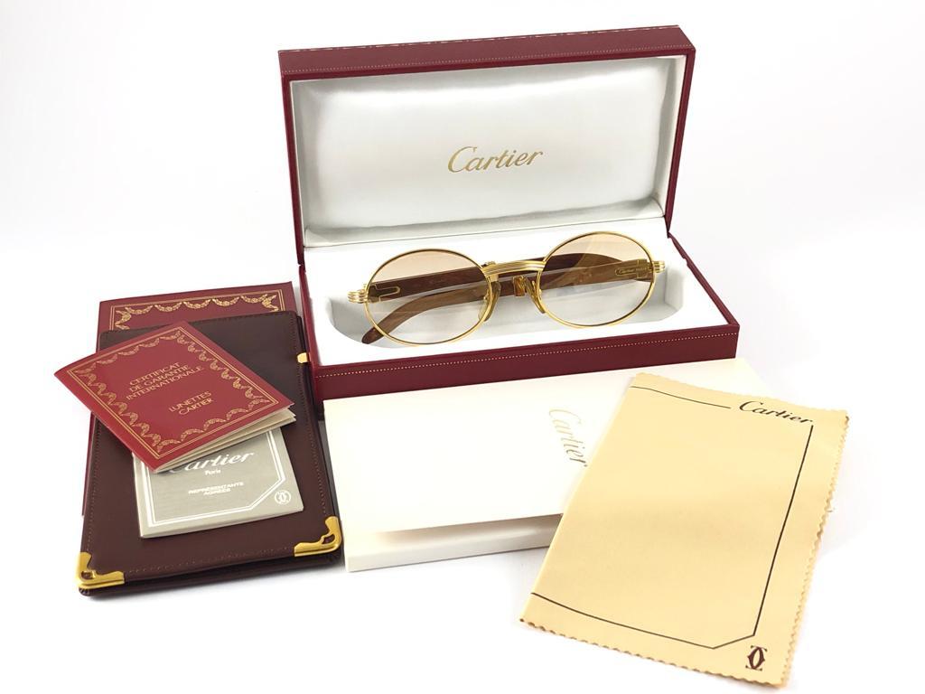 Lunettes de soleil vintage Cartier Giverny Gold and Wood Large 51/20 Gradient Brown Lens en vente 3
