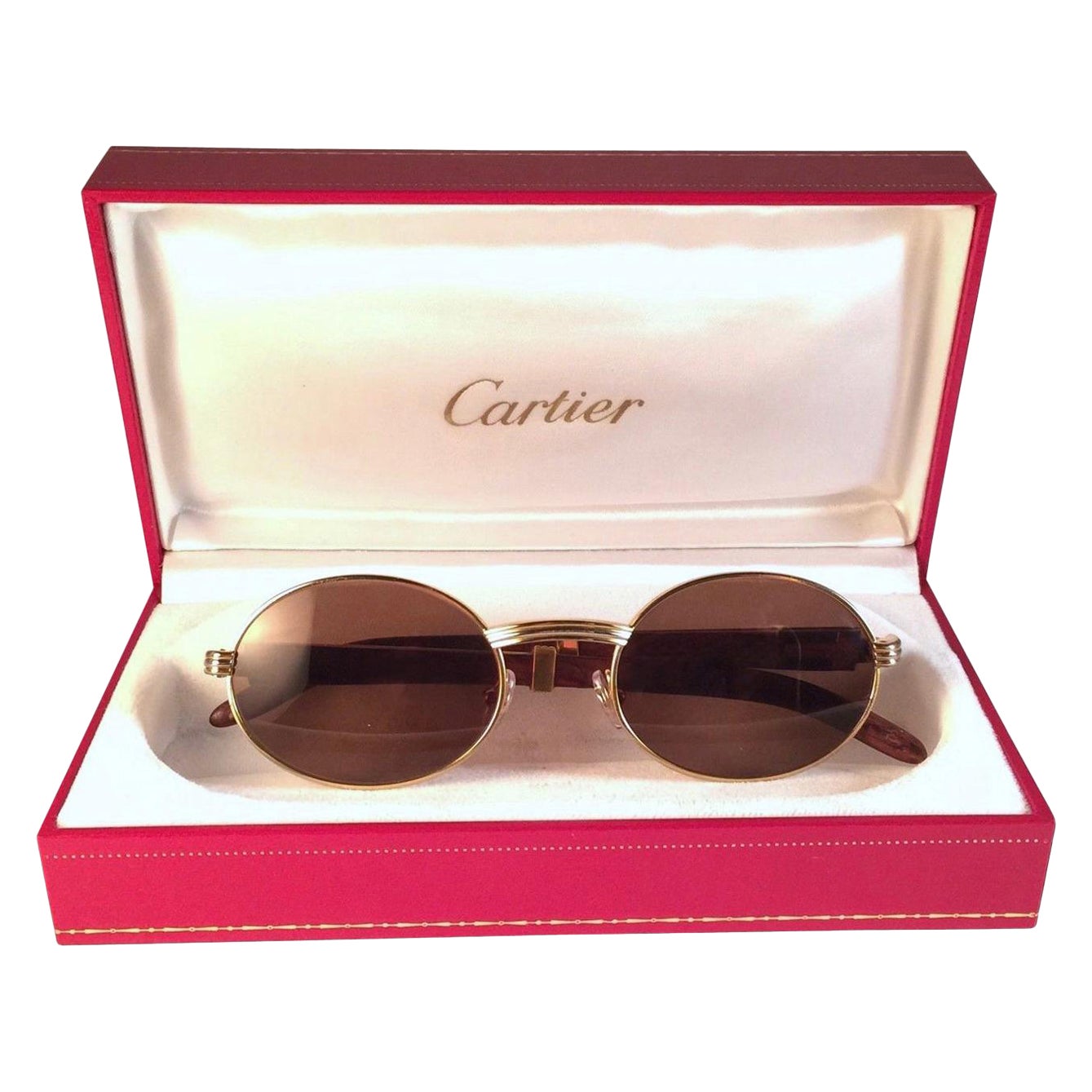 Vintage Cartier Giverny Gold and Wood Large 53/22 Full Set Brown Lens Sunglasses For Sale