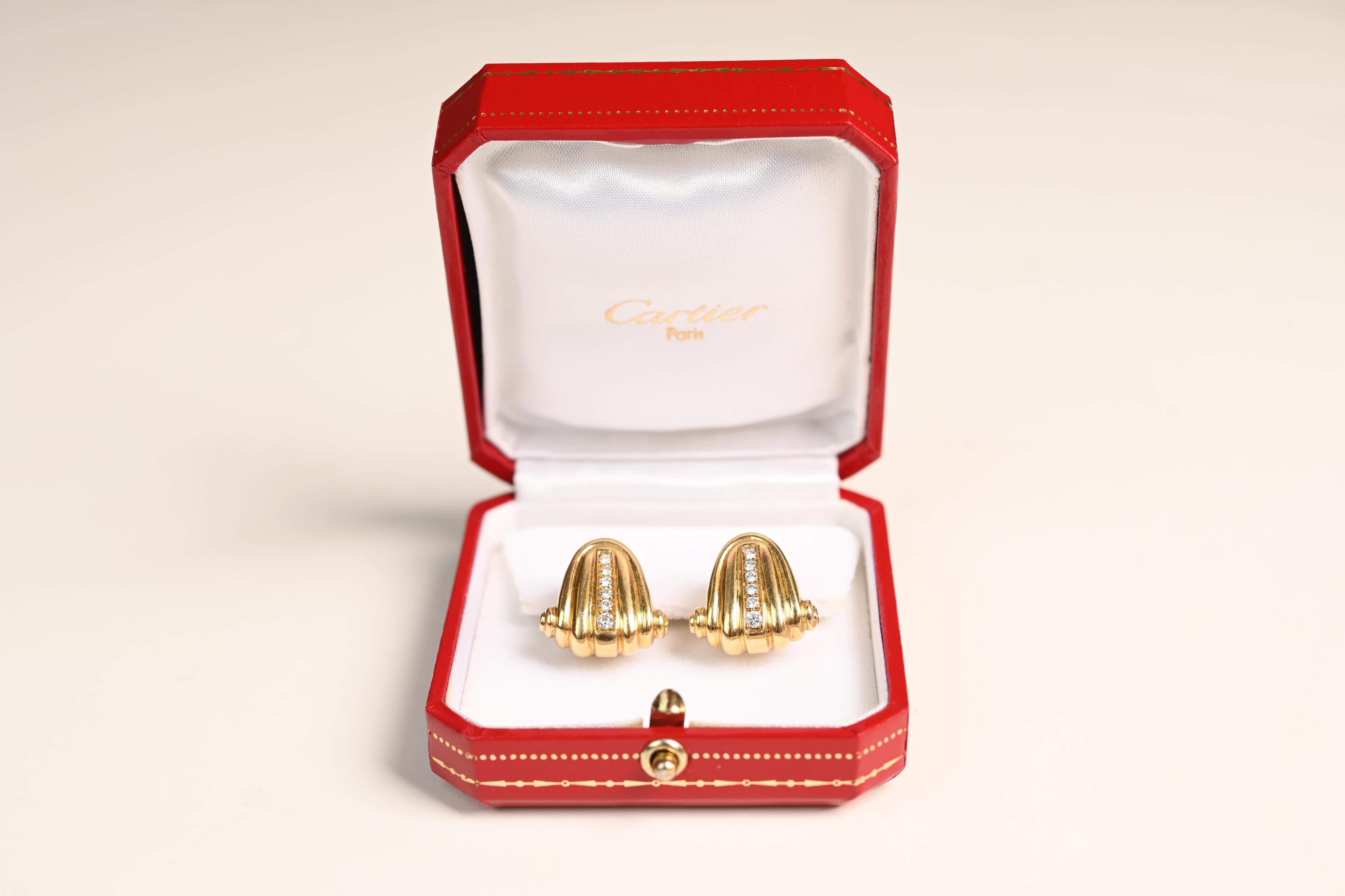 Retro Vintage Cartier Gold and Diamond Earrings (Approx. 0.20-Carats), 18K Yellow Gold For Sale