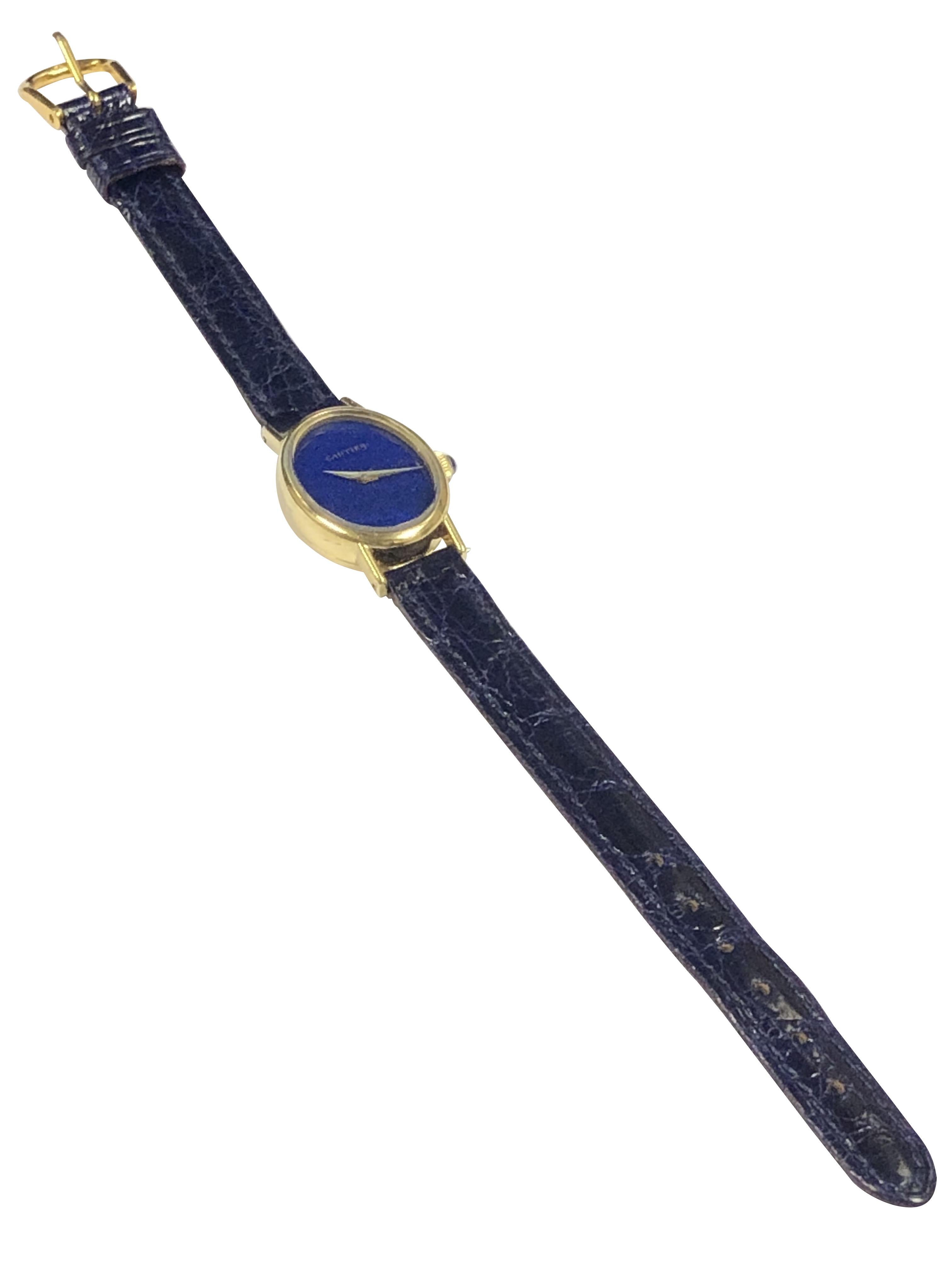 Women's Vintage Cartier Gold and Lapis Stone Dial Mechanical Wrist Watch For Sale
