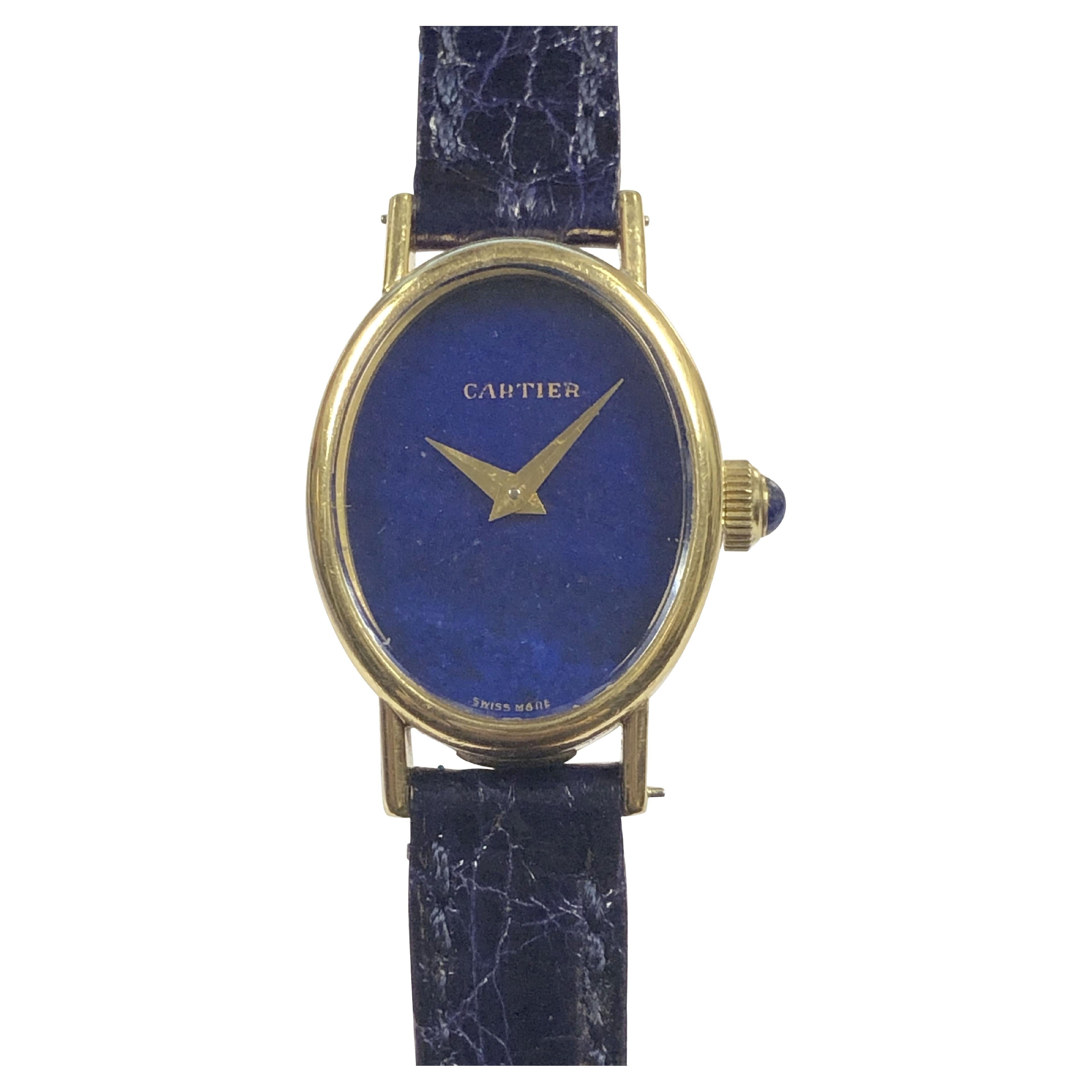 Vintage Cartier Gold and Lapis Stone Dial Mechanical Wrist Watch For Sale