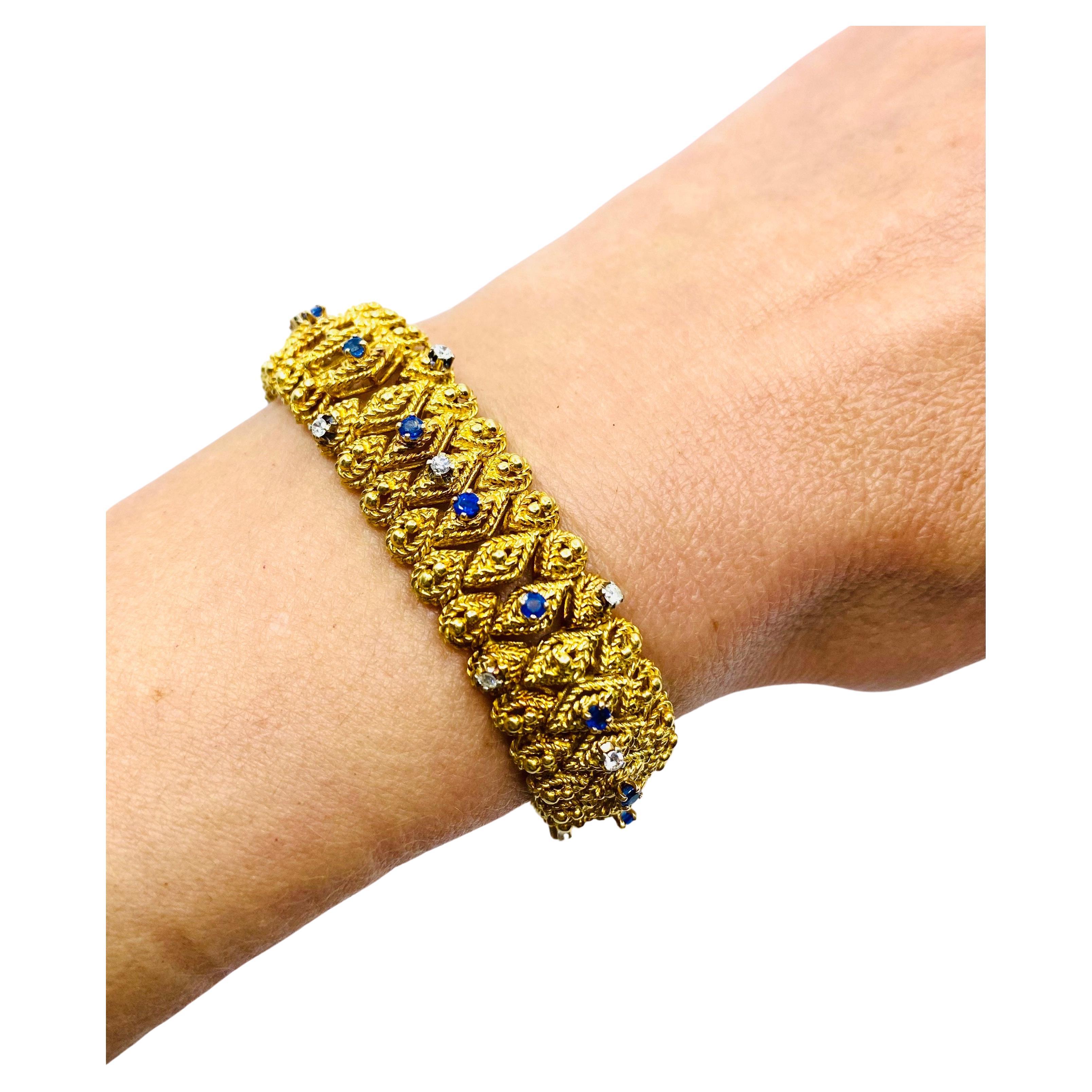 Round Cut Vintage Cartier Gold Bracelet Sapphire Diamond For Sale