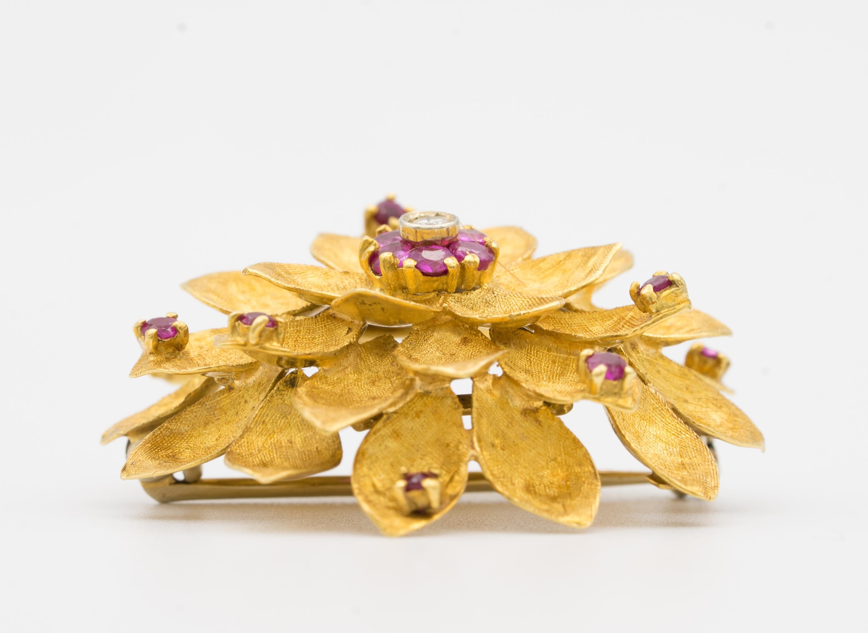 Vintage Cartier Gold, Ruby and Diamond Flower Brooch, circa 1950s 1