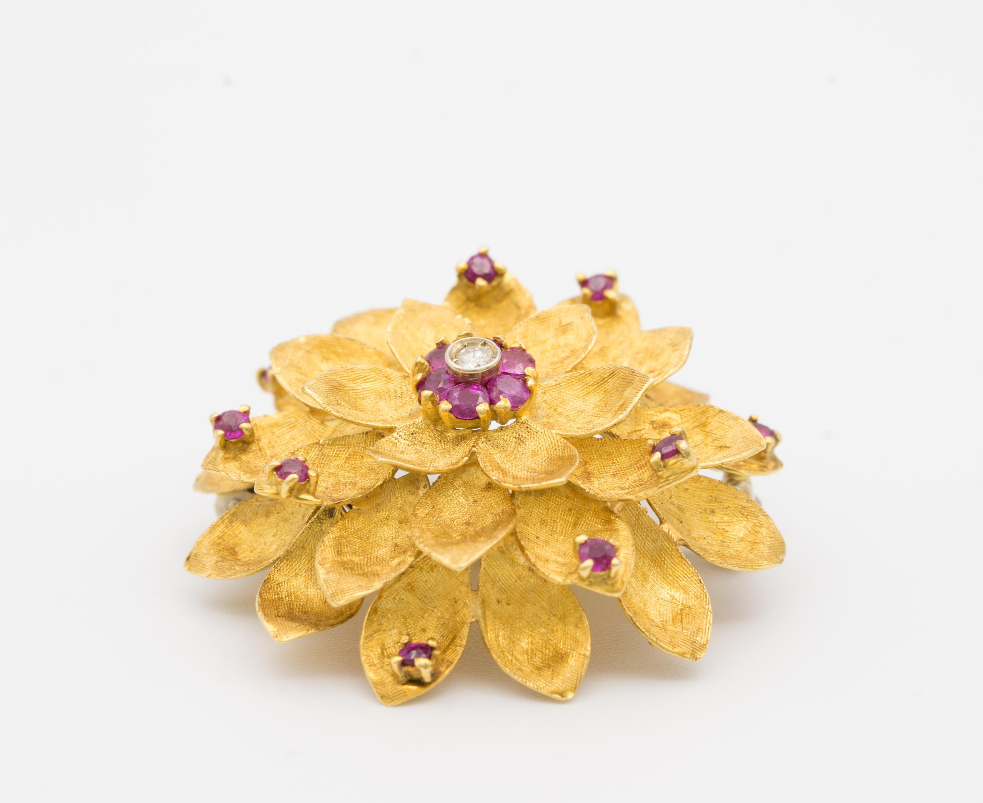 Vintage Cartier Gold, Ruby and Diamond Flower Brooch, circa 1950s 2