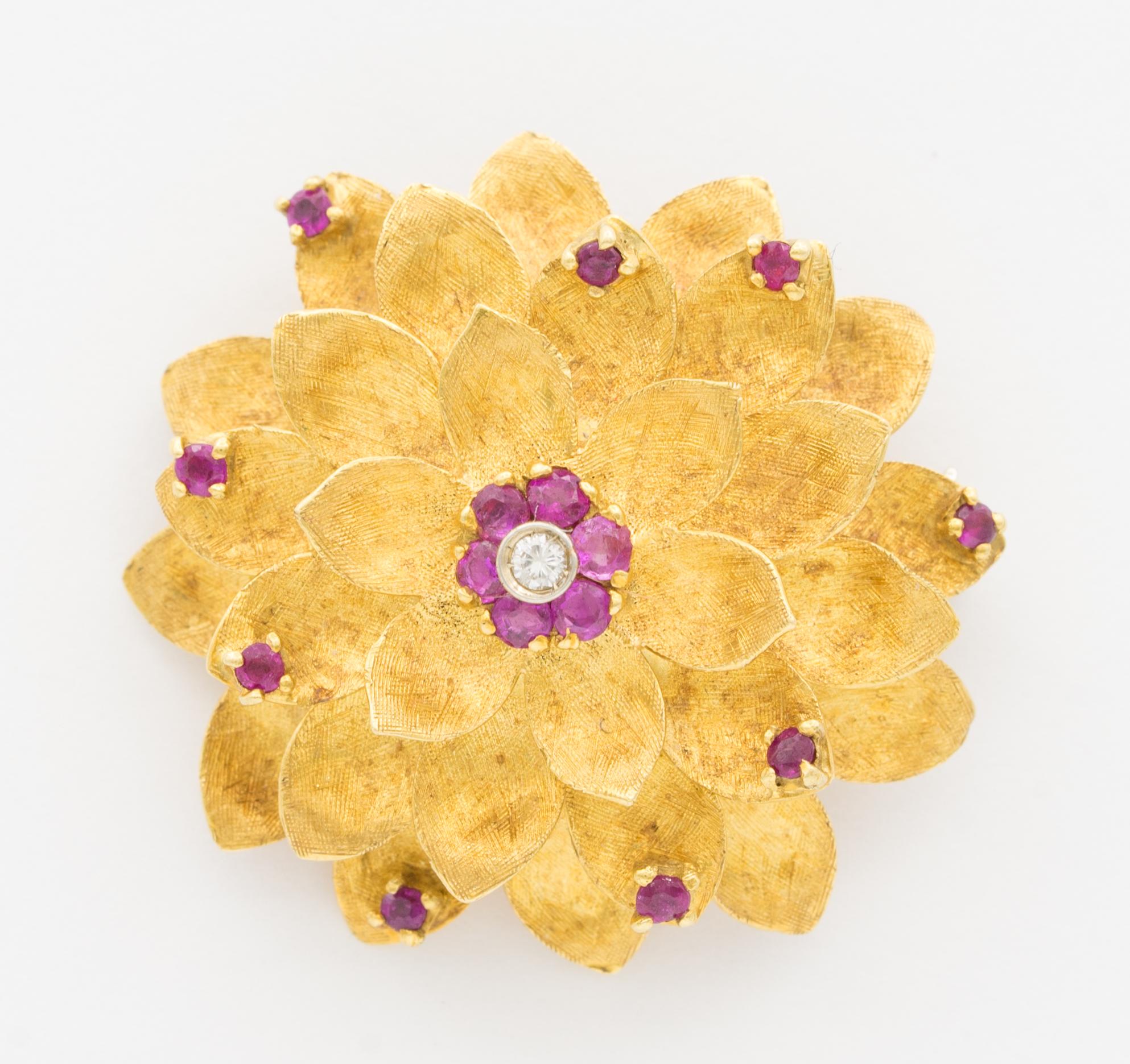 Vintage Cartier Gold, Ruby and Diamond Flower Brooch, circa 1950s 4