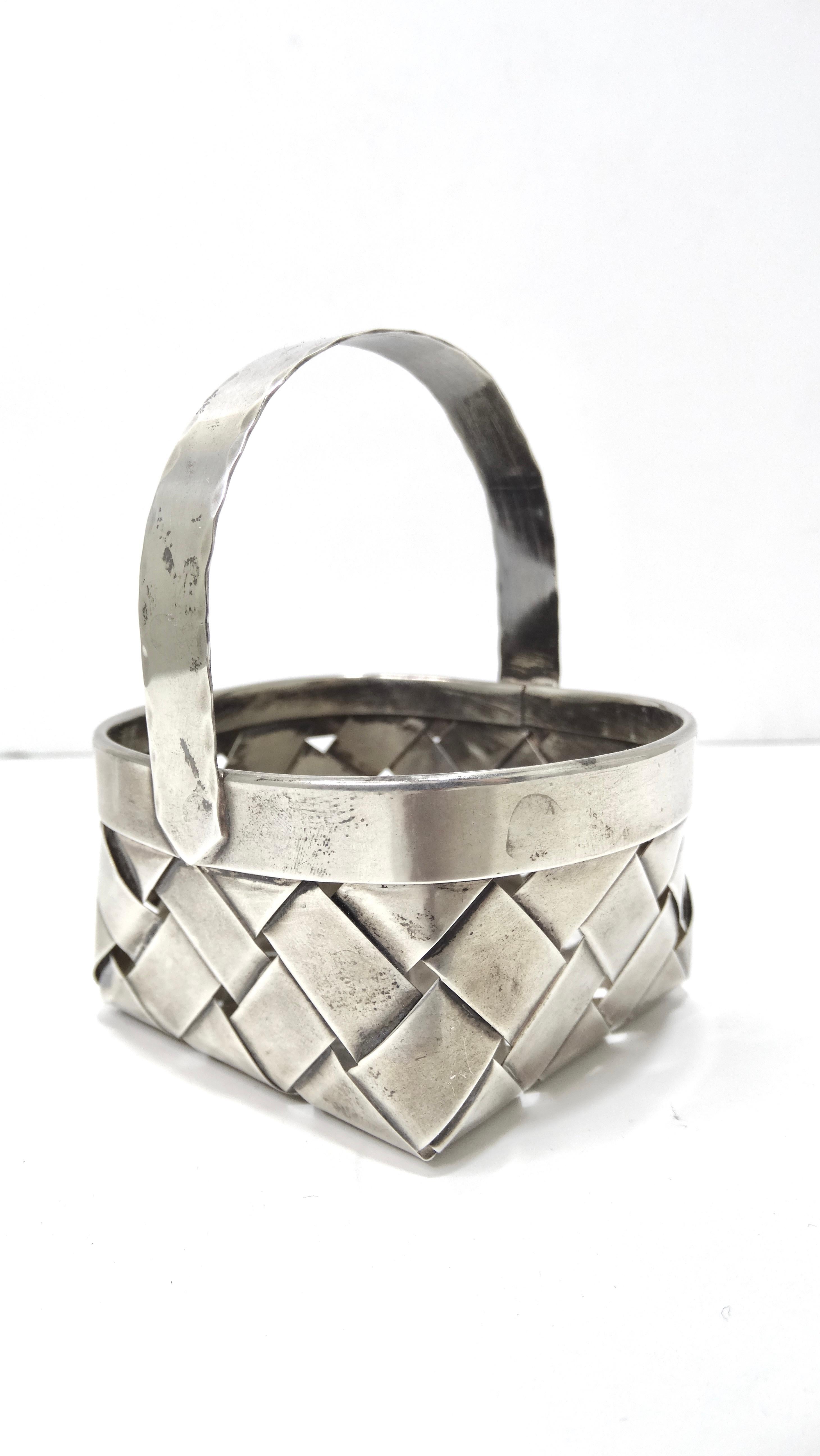 Vintage Cartier Handmade Sterling Silver Small Woven Basket with Handle In Fair Condition For Sale In Scottsdale, AZ