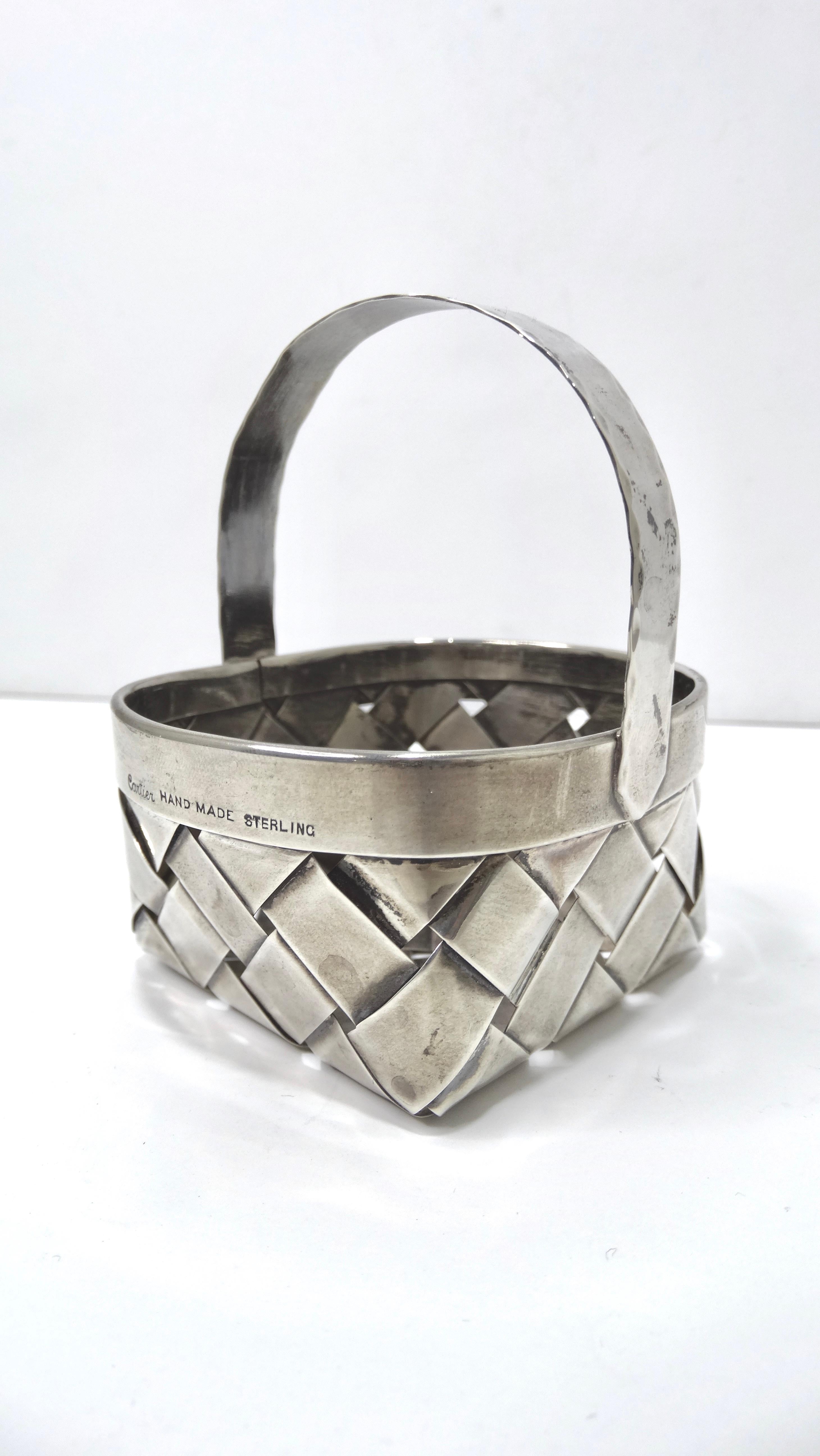 Women's or Men's Vintage Cartier Handmade Sterling Silver Small Woven Basket with Handle For Sale