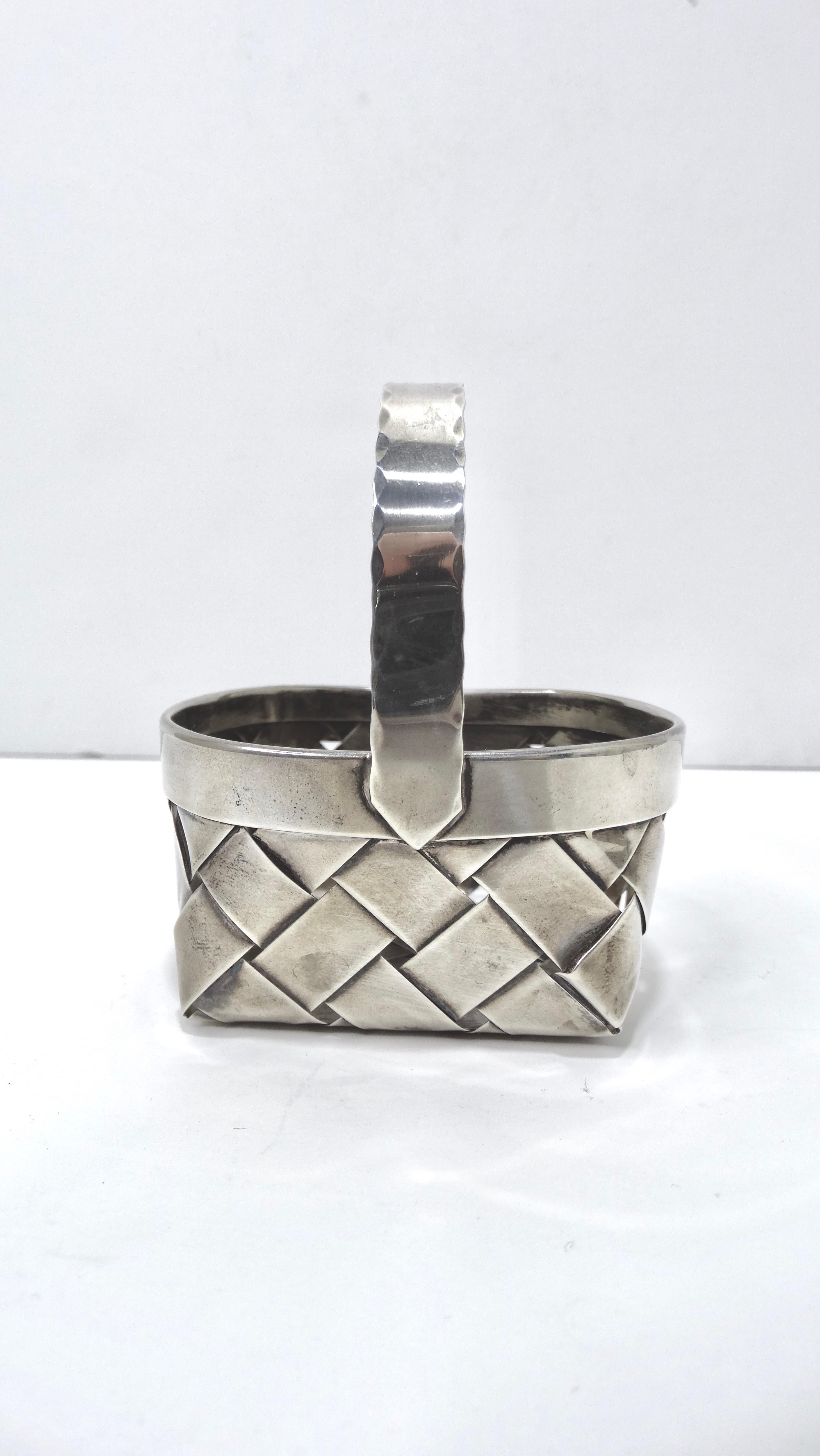 Vintage Cartier Handmade Sterling Silver Small Woven Basket with Handle For Sale 1