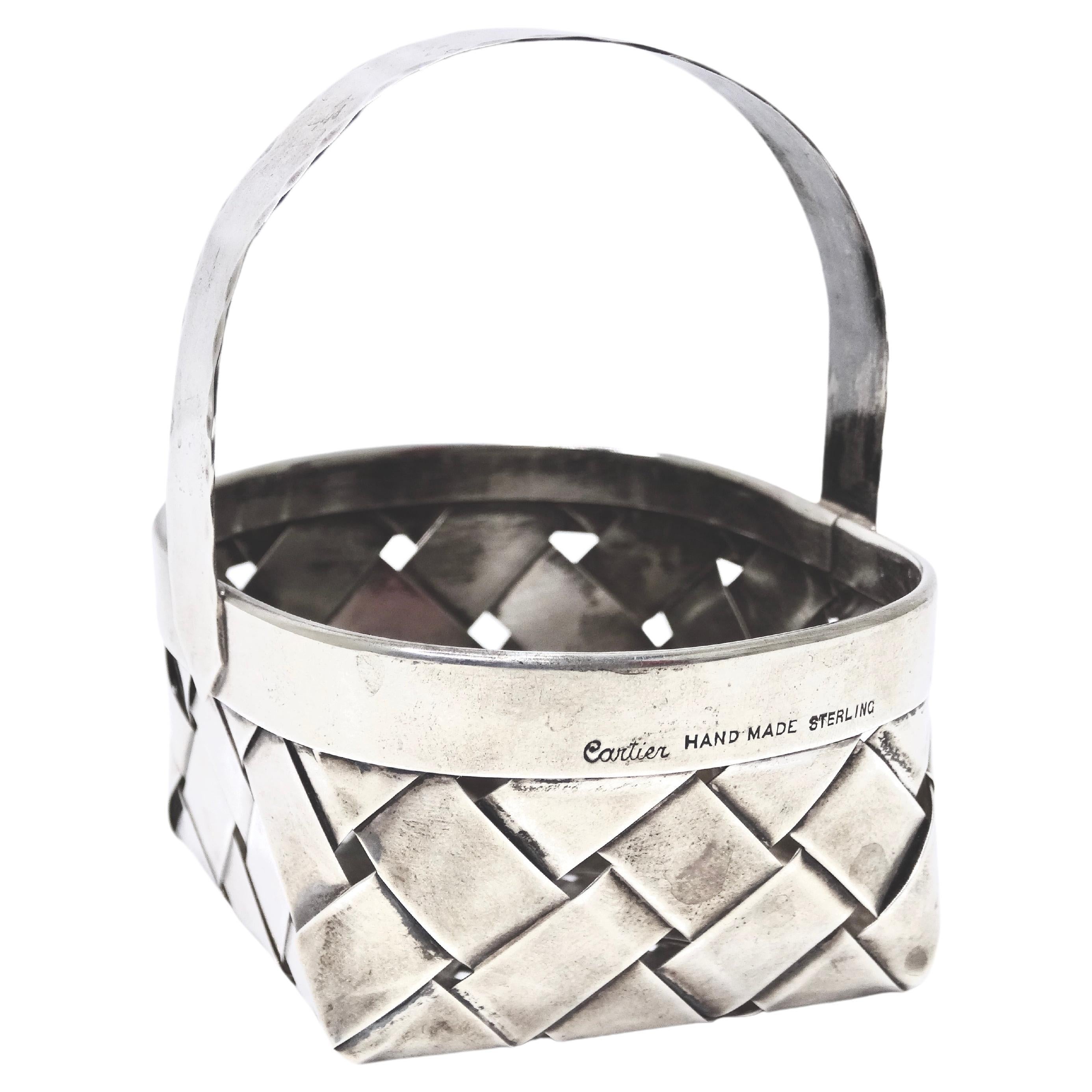 Vintage Cartier Handmade Sterling Silver Small Woven Basket with Handle For Sale