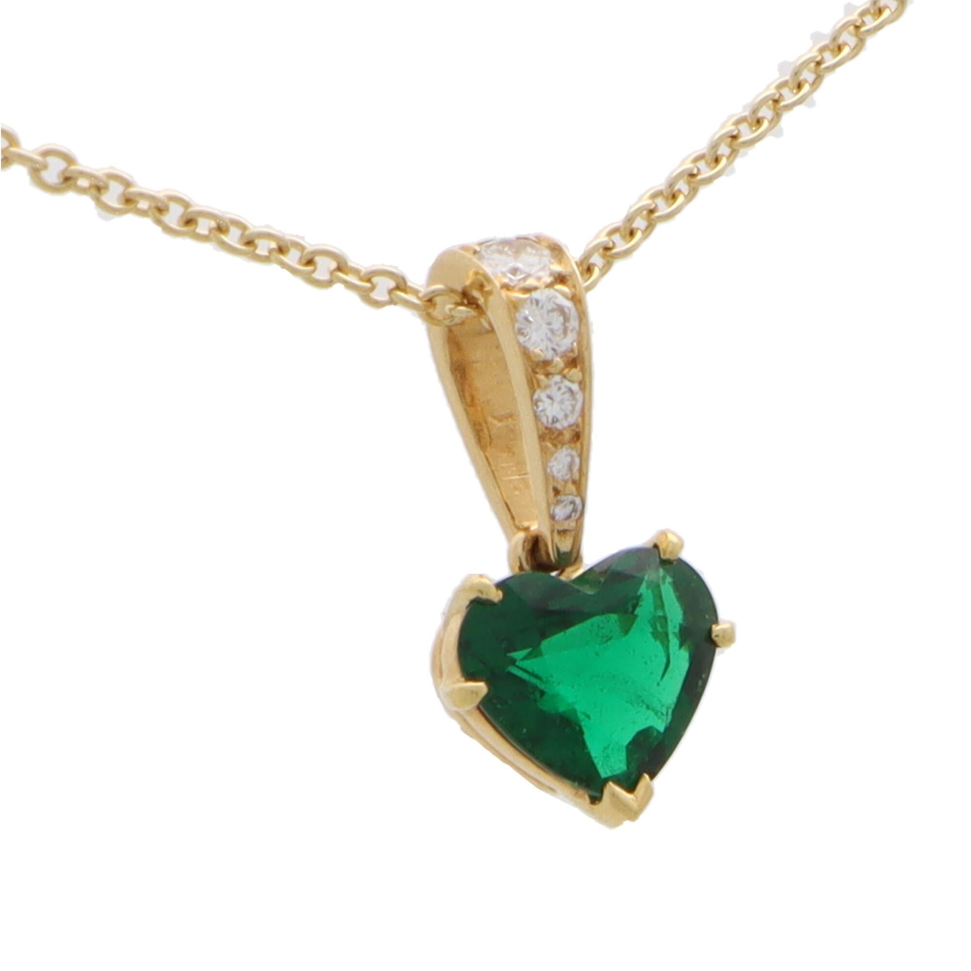Modern Vintage Cartier Heart Cut Emerald and Diamond Pendant in 18k Yellow Gold