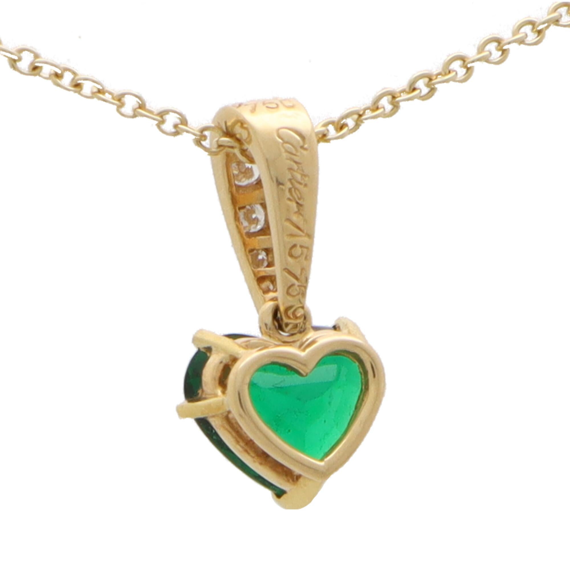 Vintage Cartier Heart Cut Emerald and Diamond Pendant in 18k Yellow Gold In Good Condition In London, GB