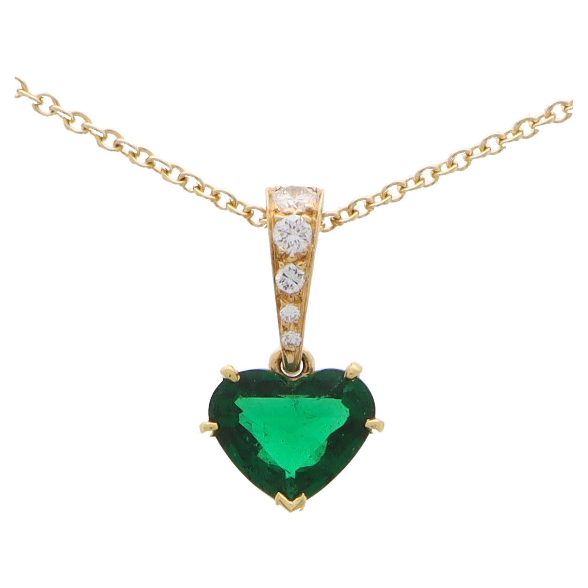 Vintage Cartier Heart Cut Emerald and Diamond Pendant in 18k Yellow Gold