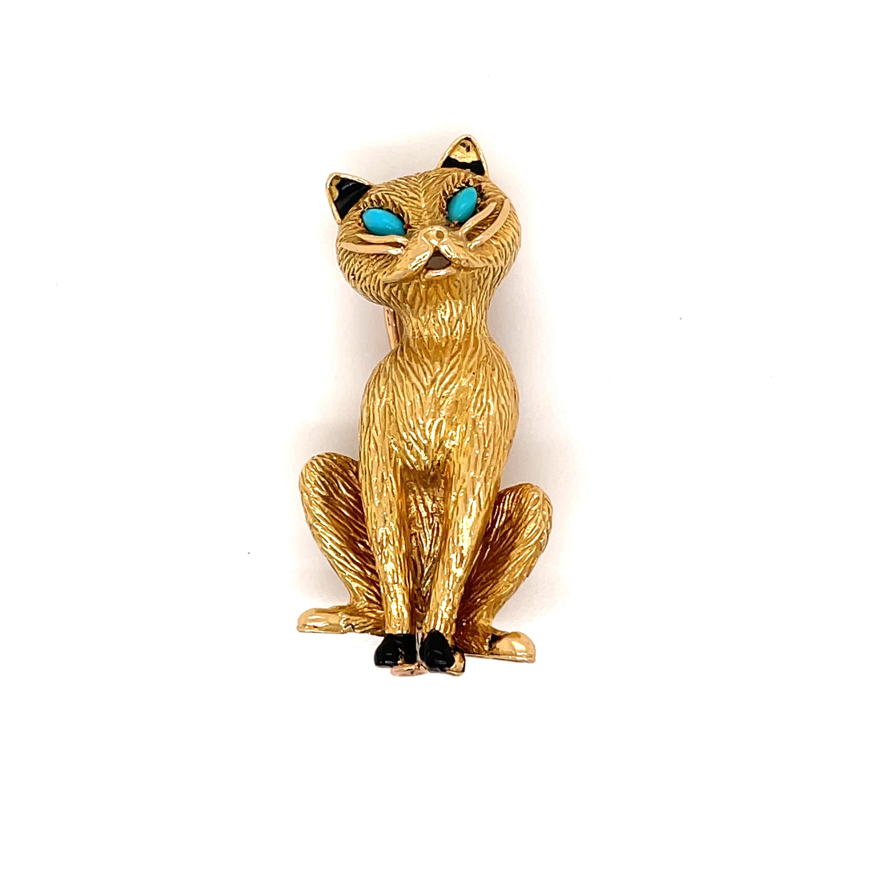 Circa 1970 Cartier Classic Iconic 18K Yellow Gold Cat Clip Brooch, Measuring 1,57 inches in length X 0,70 inch. (4 x 1,8 cm) Turquoises set eyes.
Signed by Cartier.

GROSS WEIGHT: 17,8 grams

 Free Appraisal card 