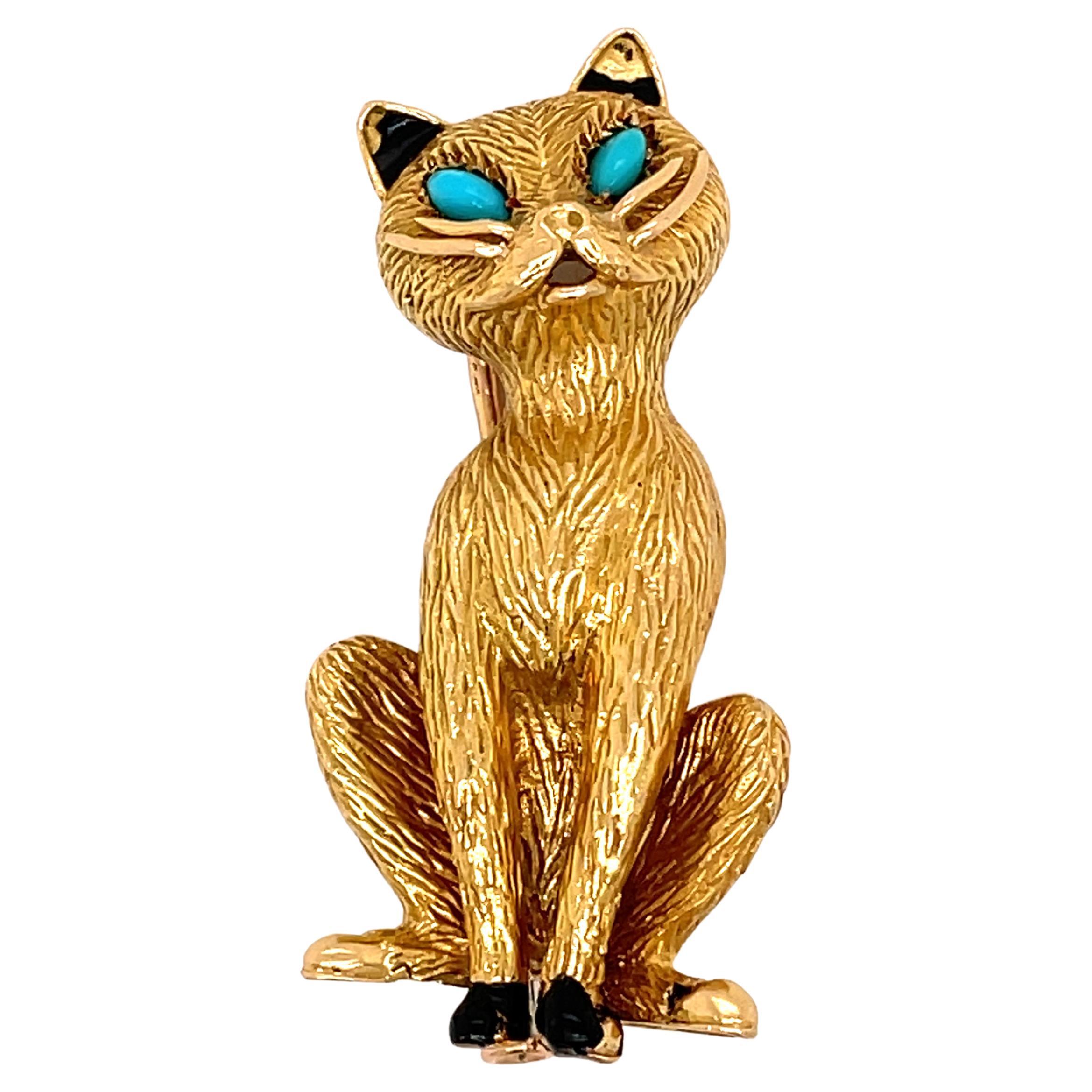 Vintage Cartier Iconic Yellow Gold and Turquoise Set Cat Clip Brooch