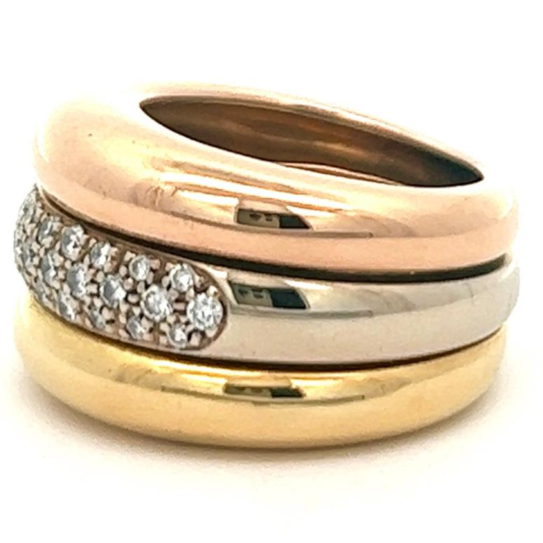 Vintage Cartier Italian Diamond 18 Karat Tri-Tone Gold Stacked Bands Ring In Excellent Condition In Beverly Hills, CA