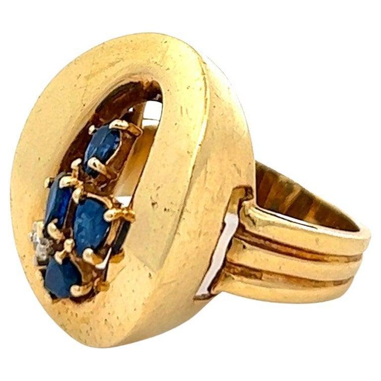 Women's or Men's Vintage Cartier Italy Sapphire Diamond 18k Yellow Gold Oval Ring